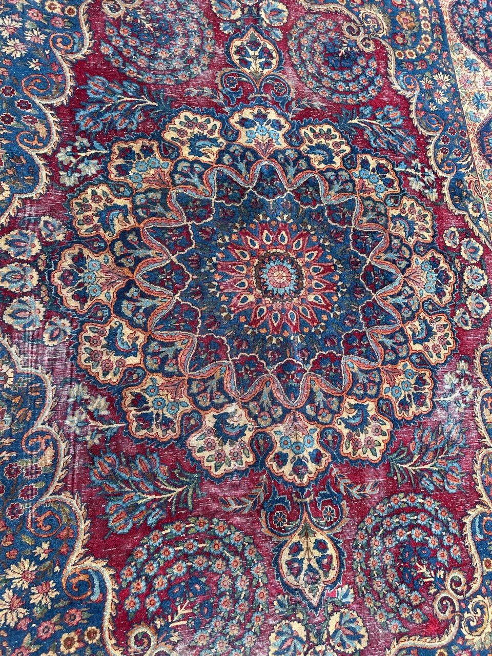 Hand-Knotted Bobyrug’s Antique Distressed Kirman Rug For Sale