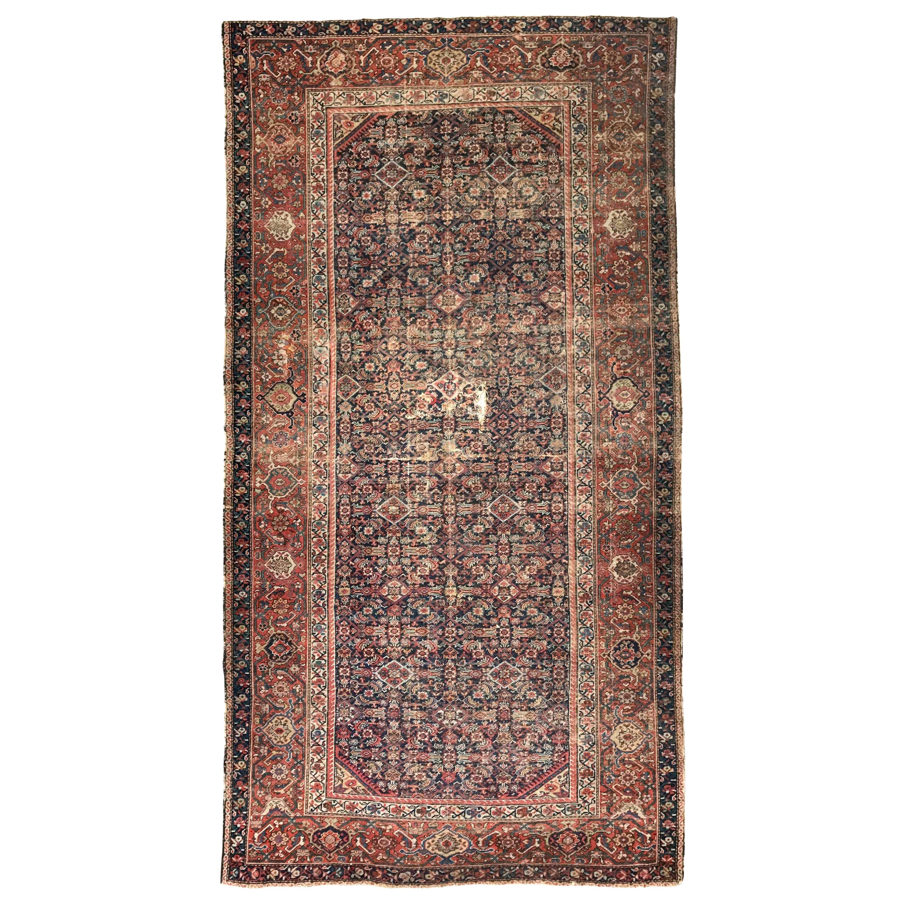 Antique Distressed Large Runner Mahal Hand Knotted Rug For Sale