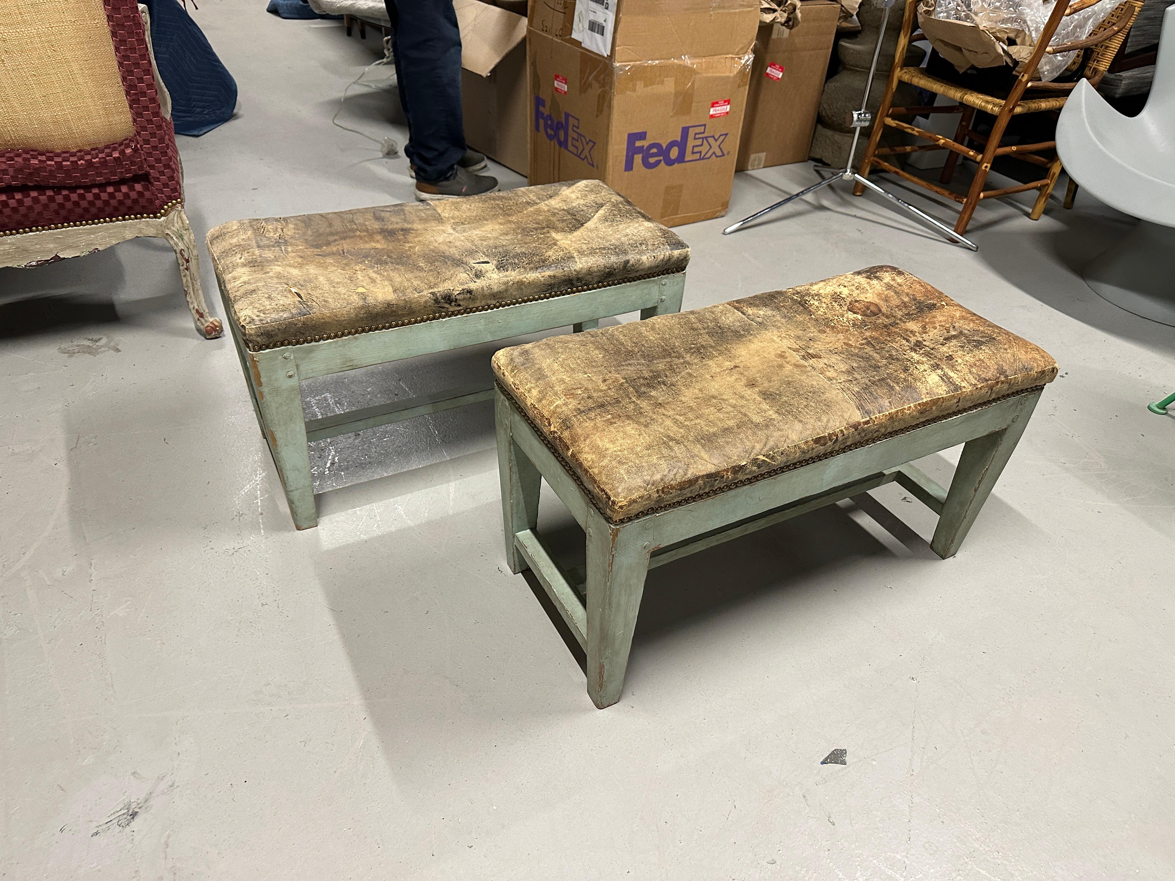 19th Century Antique Distressed Leather Painted Benches For Sale