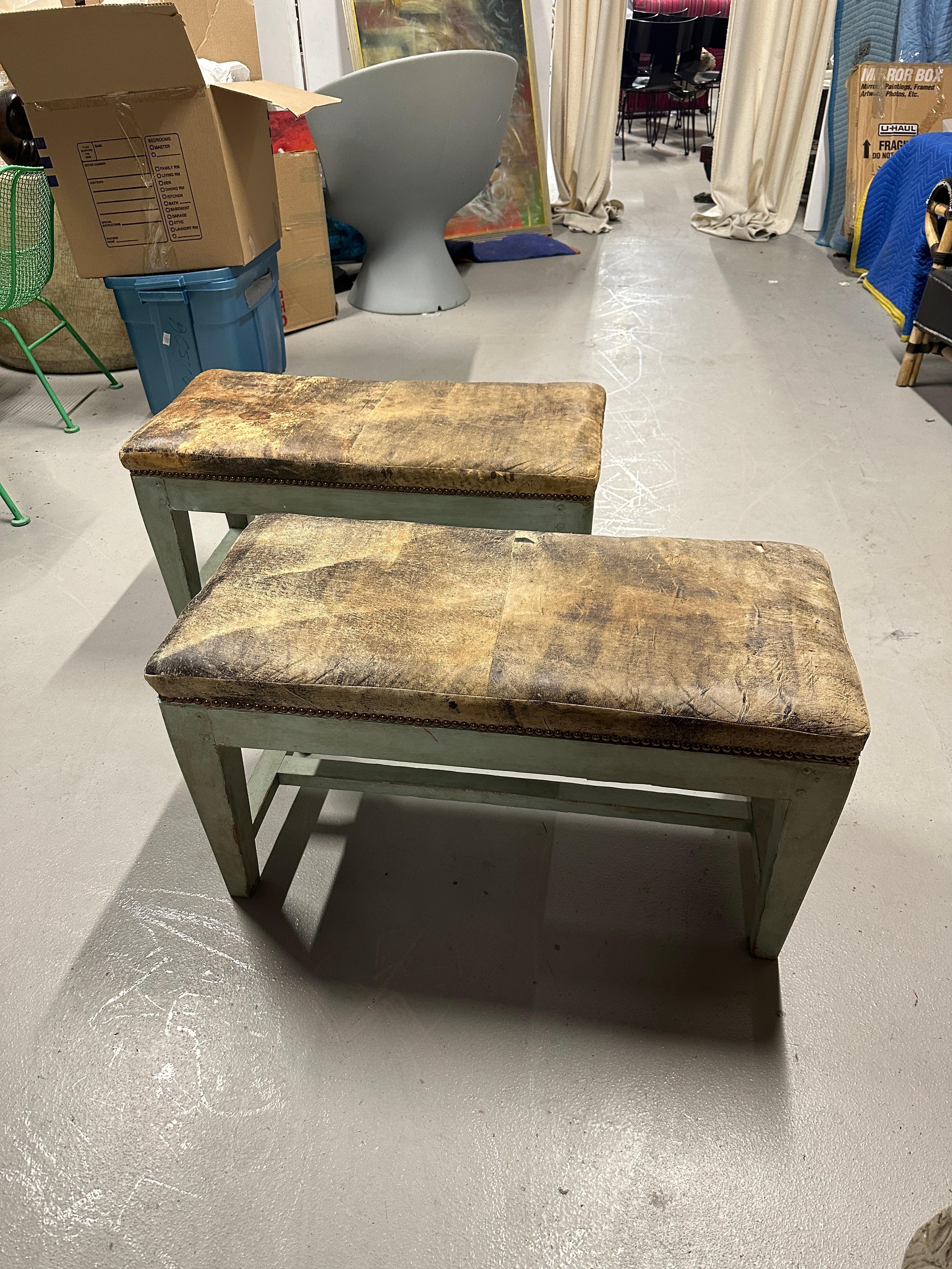 Antique Distressed Leather Painted Benches For Sale 1
