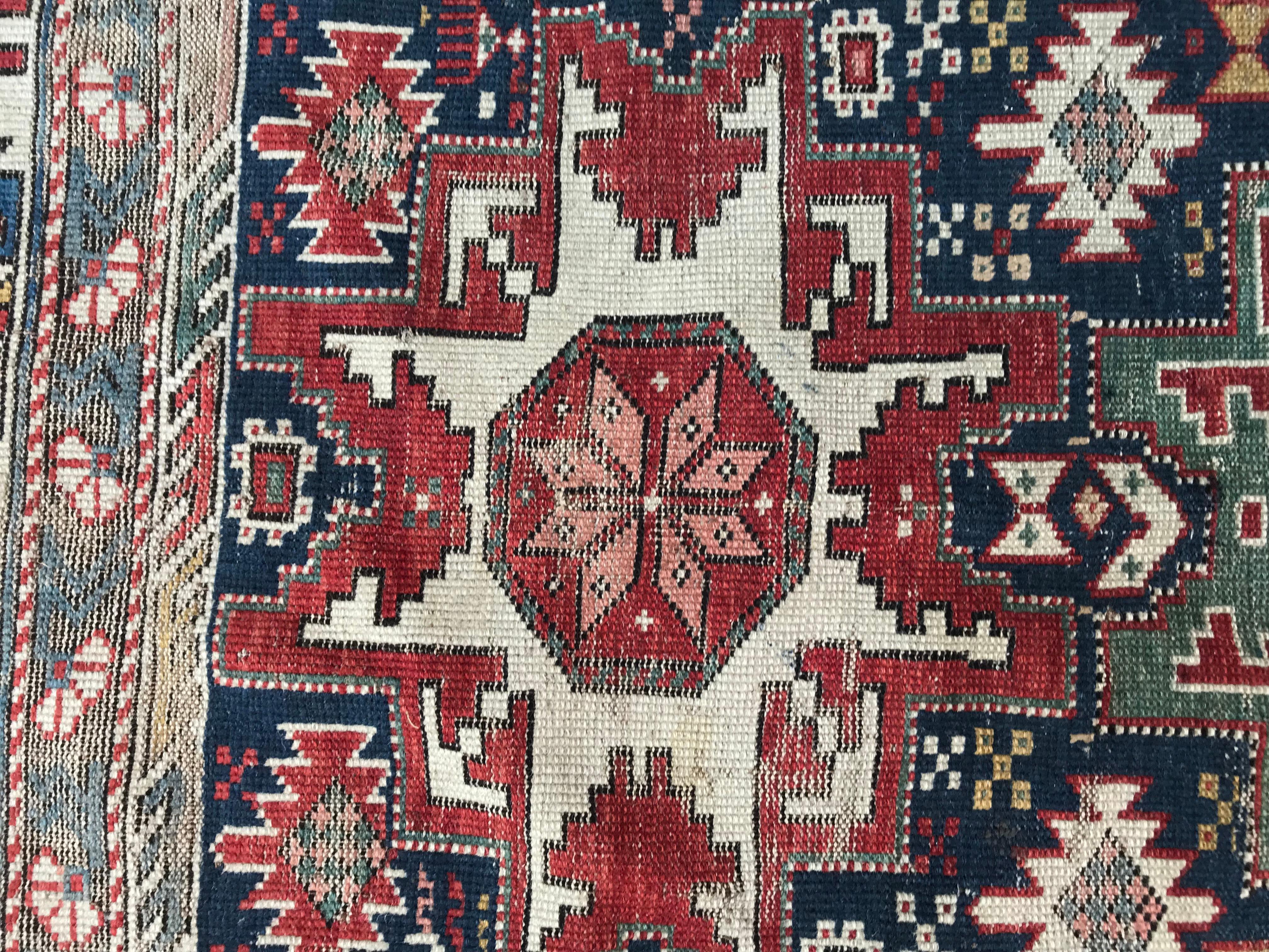 19th Century Bobyrug’s Antique Distressed Lesgui Caucasian Chirwan Rug For Sale