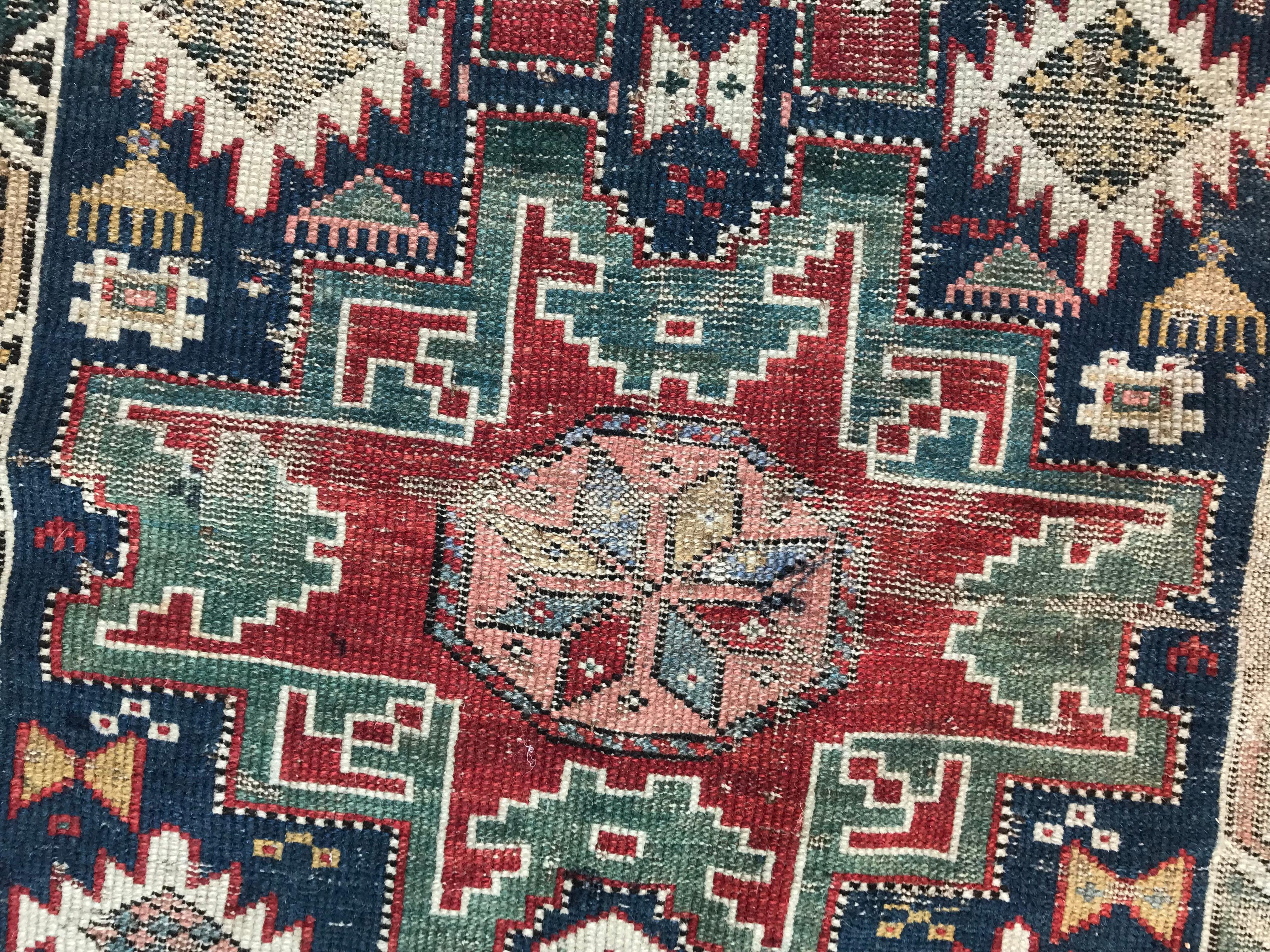 Wool Bobyrug’s Antique Distressed Lesgui Caucasian Chirwan Rug For Sale