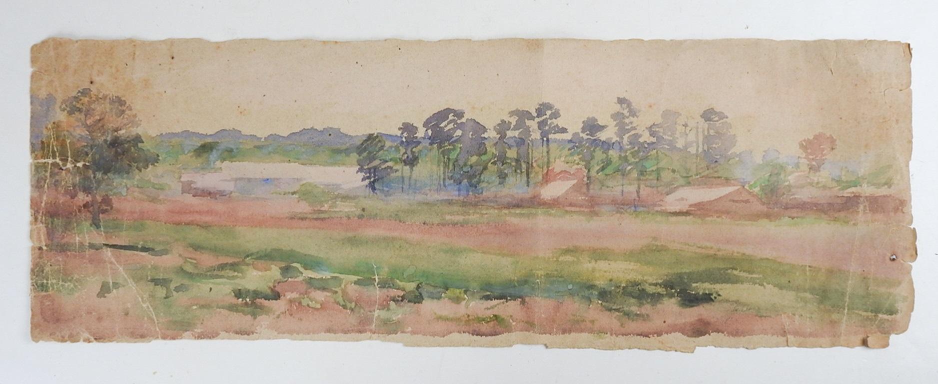 Antique late 19th century watercolor on paper distressed landscape painting.  Unsigned.  Unframed, fading, edge losses, repaired edge tears, creasing.