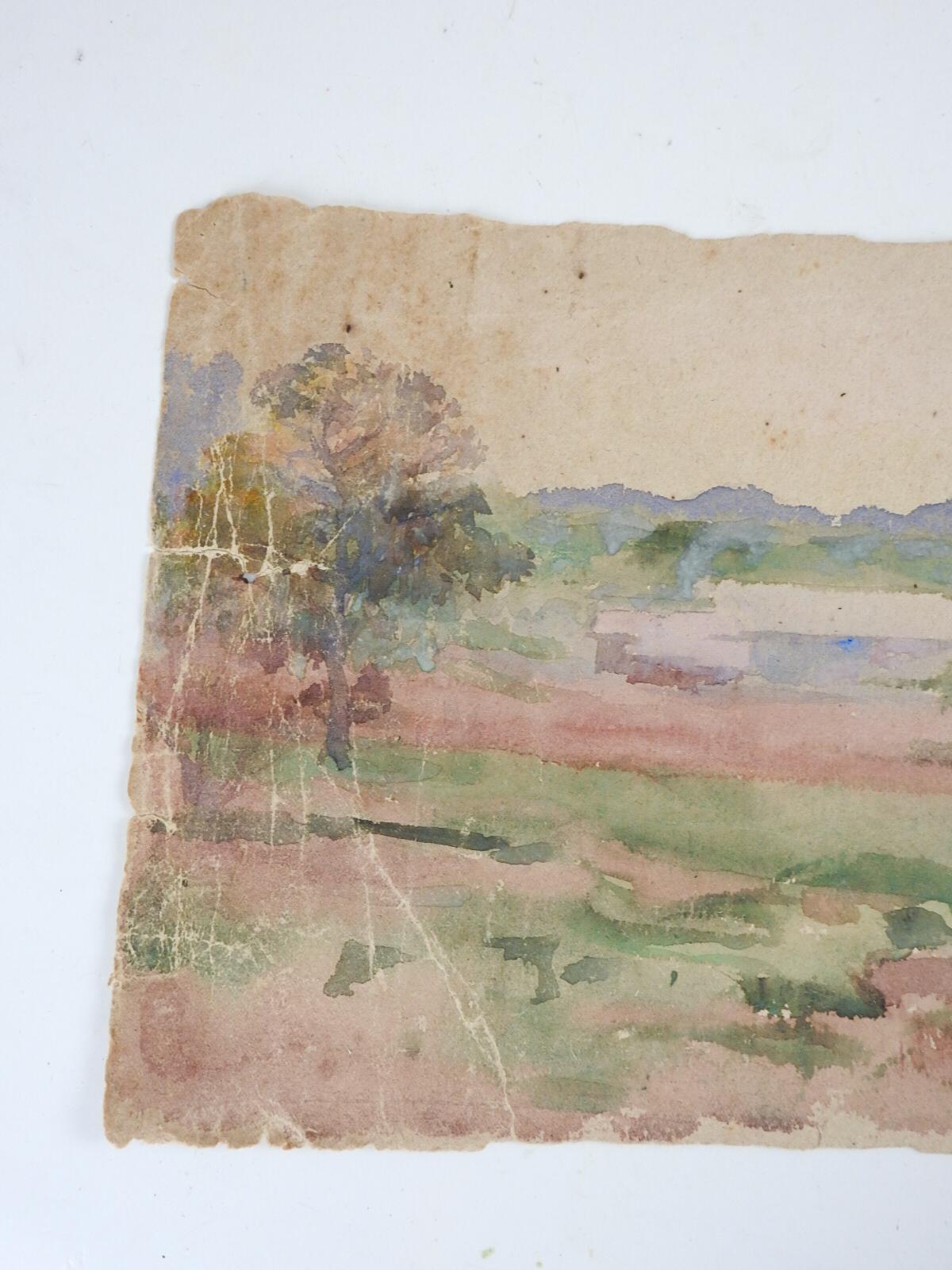 Art Nouveau Antique Distressed Long Format Landscape Watercolor Painting For Sale