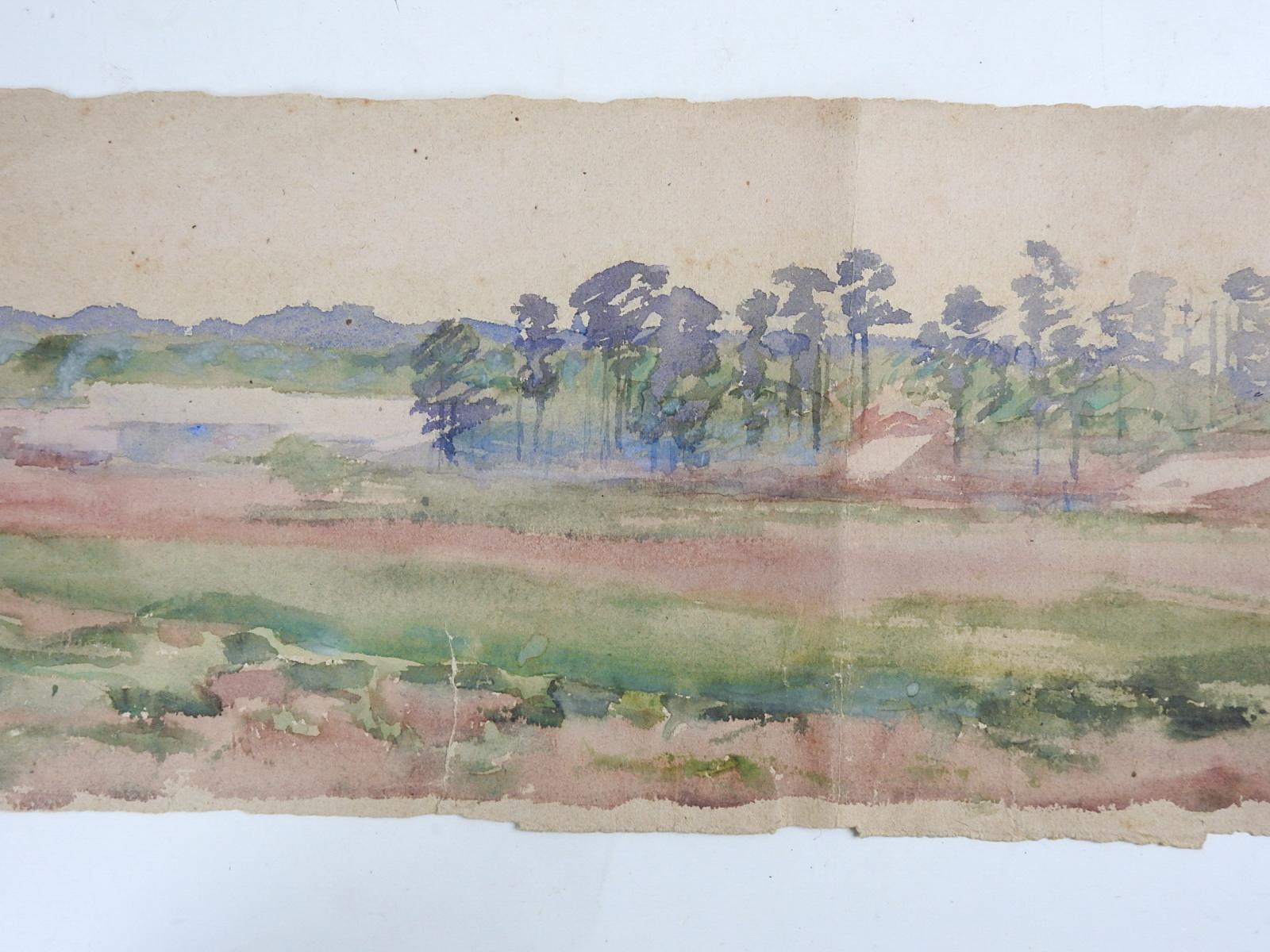 American Antique Distressed Long Format Landscape Watercolor Painting For Sale