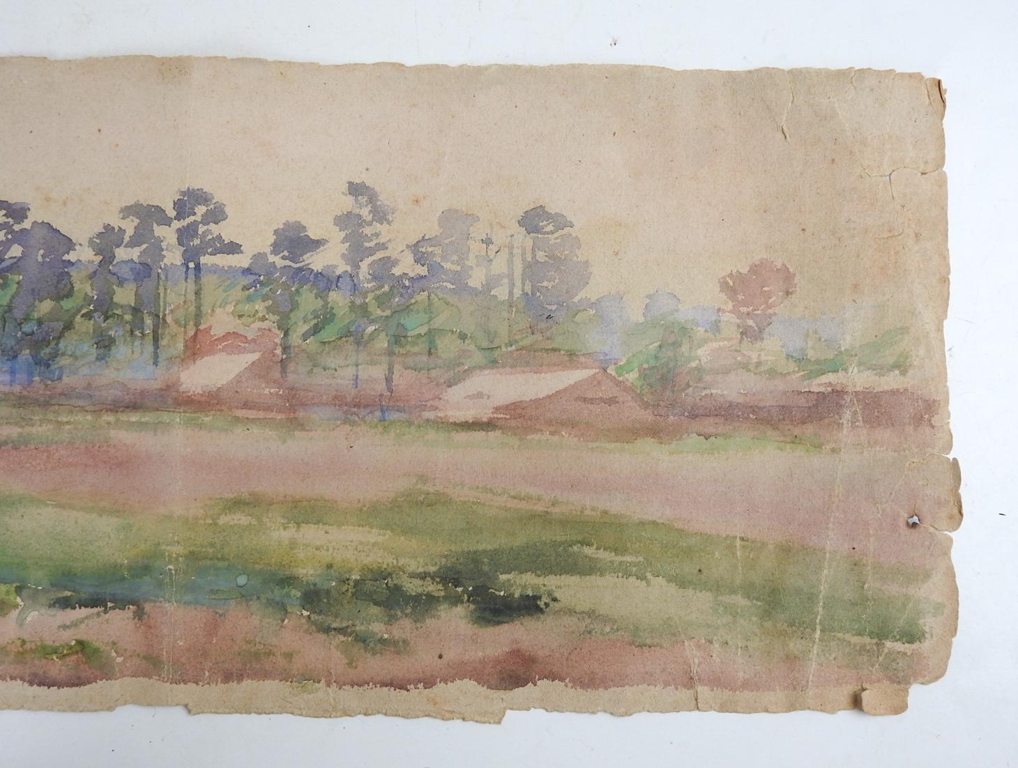 Antique Distressed Long Format Landscape Watercolor Painting In Distressed Condition For Sale In Seguin, TX