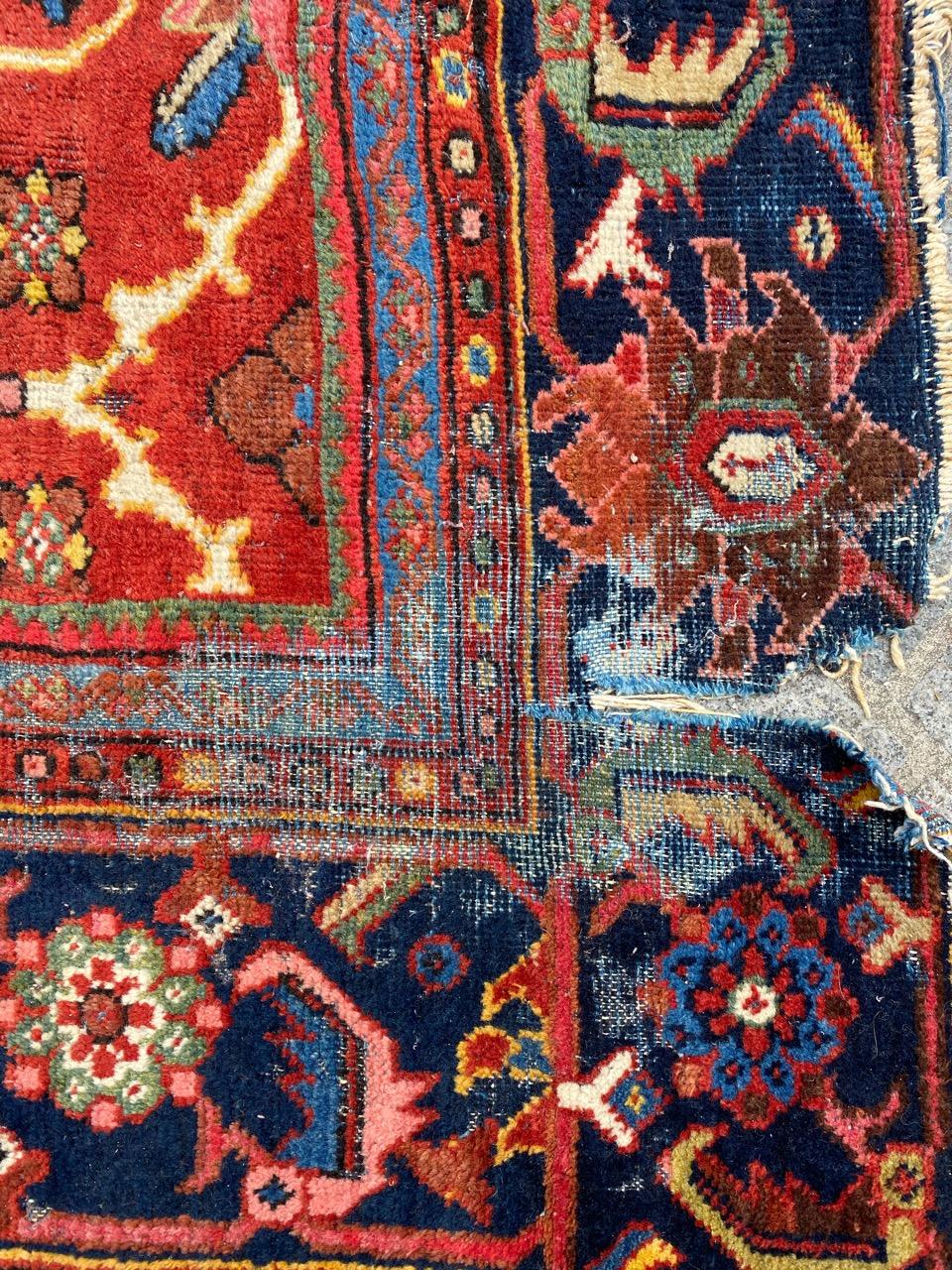 Beautiful damaged antique mahal rug with nice design and beautiful natural colors, entirely hand knotted with wool velvet on cotton foundation.