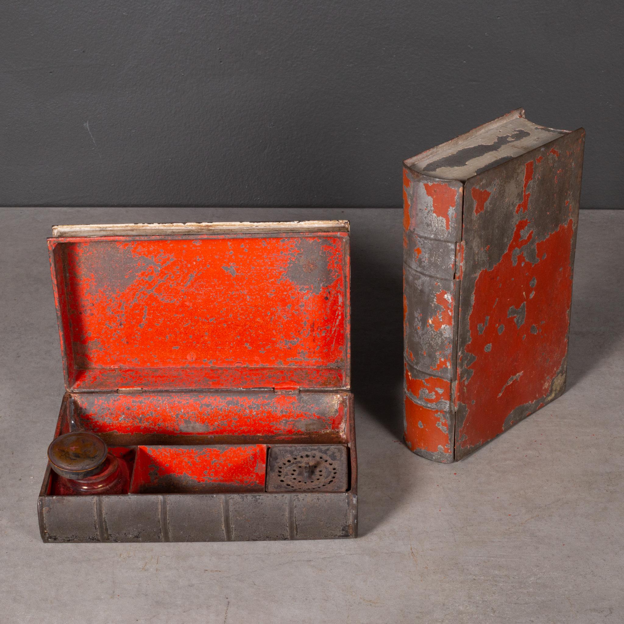 Antique Distressed Metal Faux Books with Travel Ink Well c.1900-1920 (FREE SHIP) In Good Condition For Sale In San Francisco, CA
