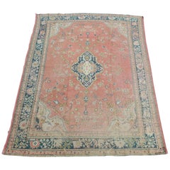 Antique Distressed Oushak Rug Light Salmon Background and Light Turquoise Border