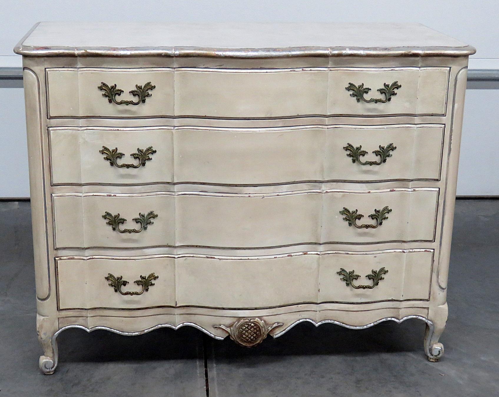 Antique distressed painted 4-drawer dresser with silver gilt accents by Hale Beds.