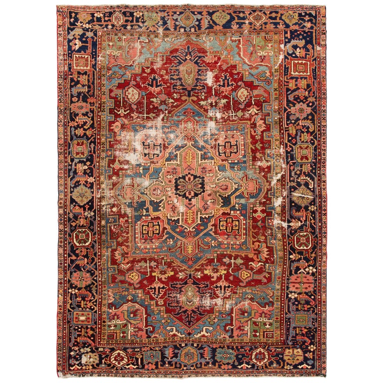 Antique Distressed Persian Heriz Rug For Sale at 1stdibs