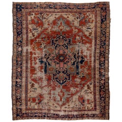 Antique Distressed Persian Heriz Serapi Carpet, circa 1900s