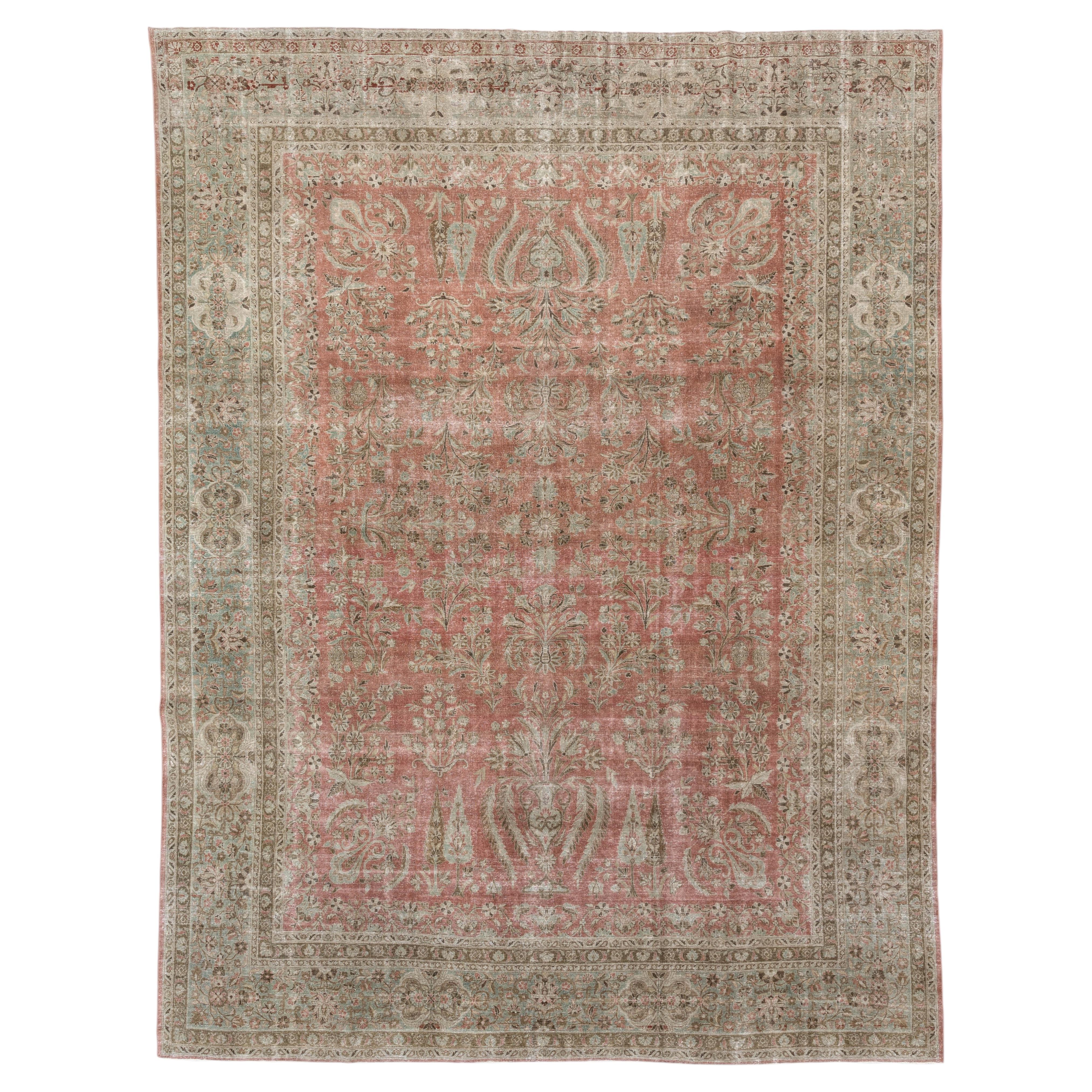 Antique Distressed Persian Kashan Rug in Faded Red and Greige, circa 1920s