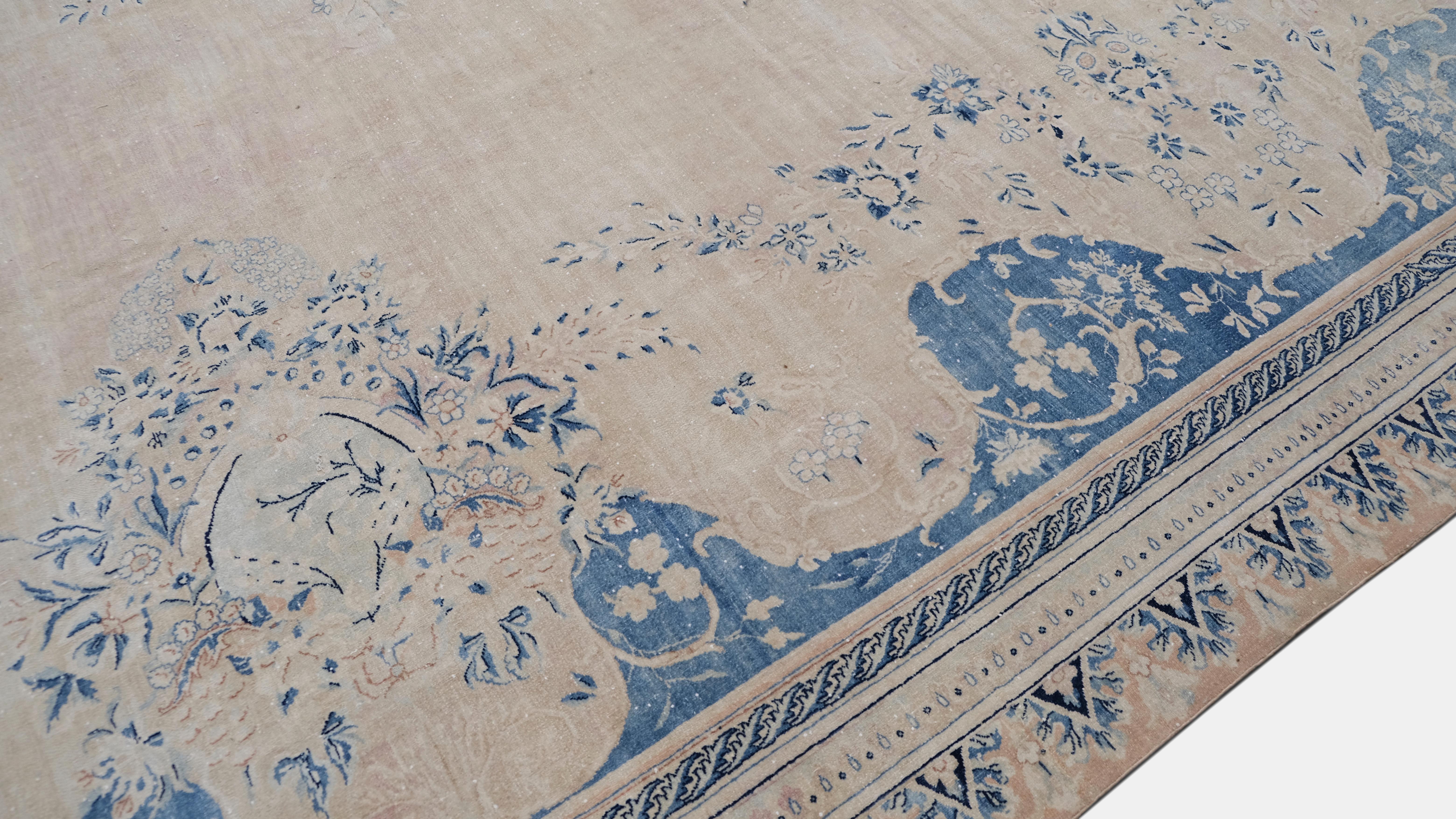 Lana Antico Tappeto persiano Kerman blu e avorio con effetto distorto 14'10''x24' in vendita