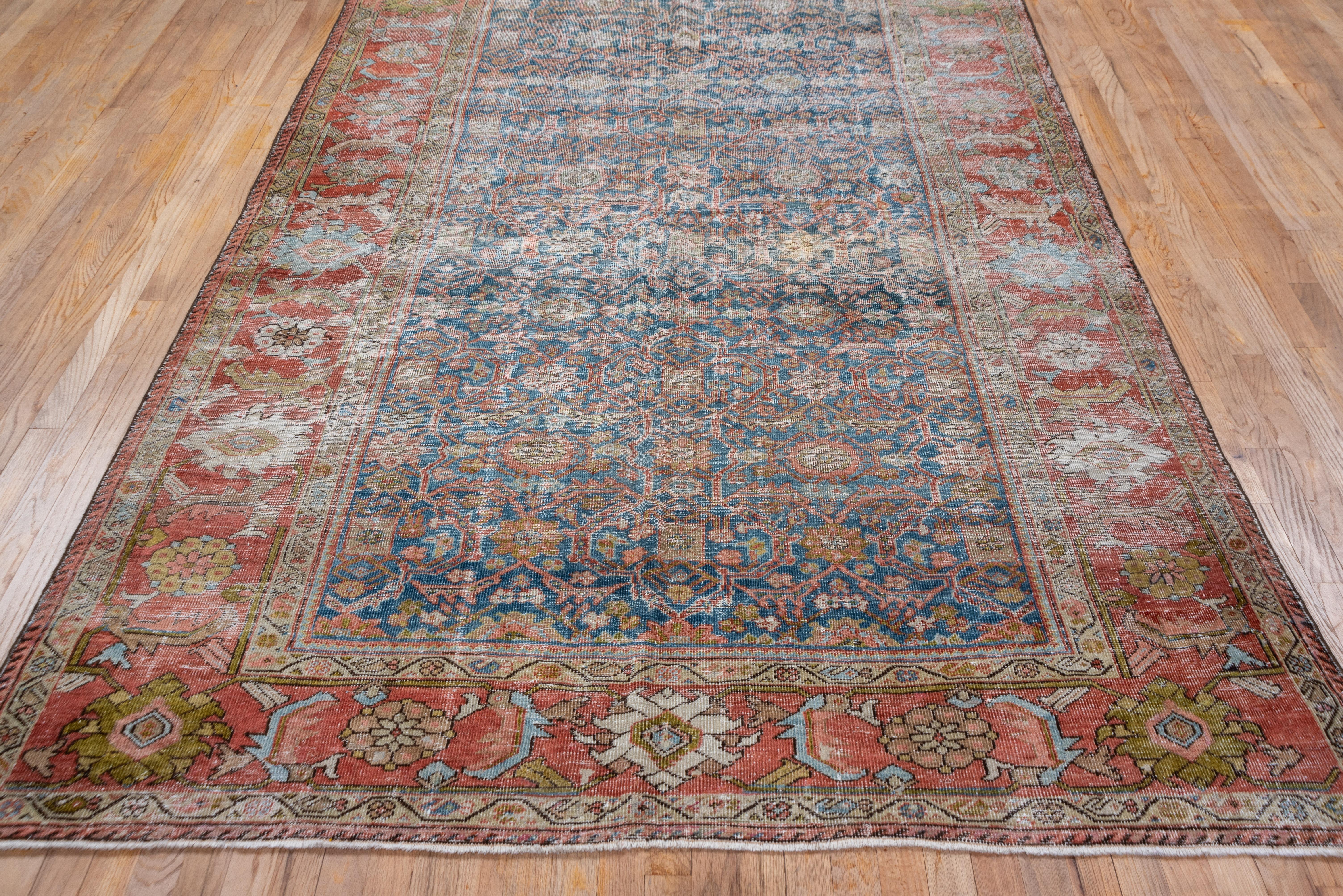 Hand-Knotted Antique Distressed Persian Mahal Carpet, Blue Field, Gallery Size For Sale