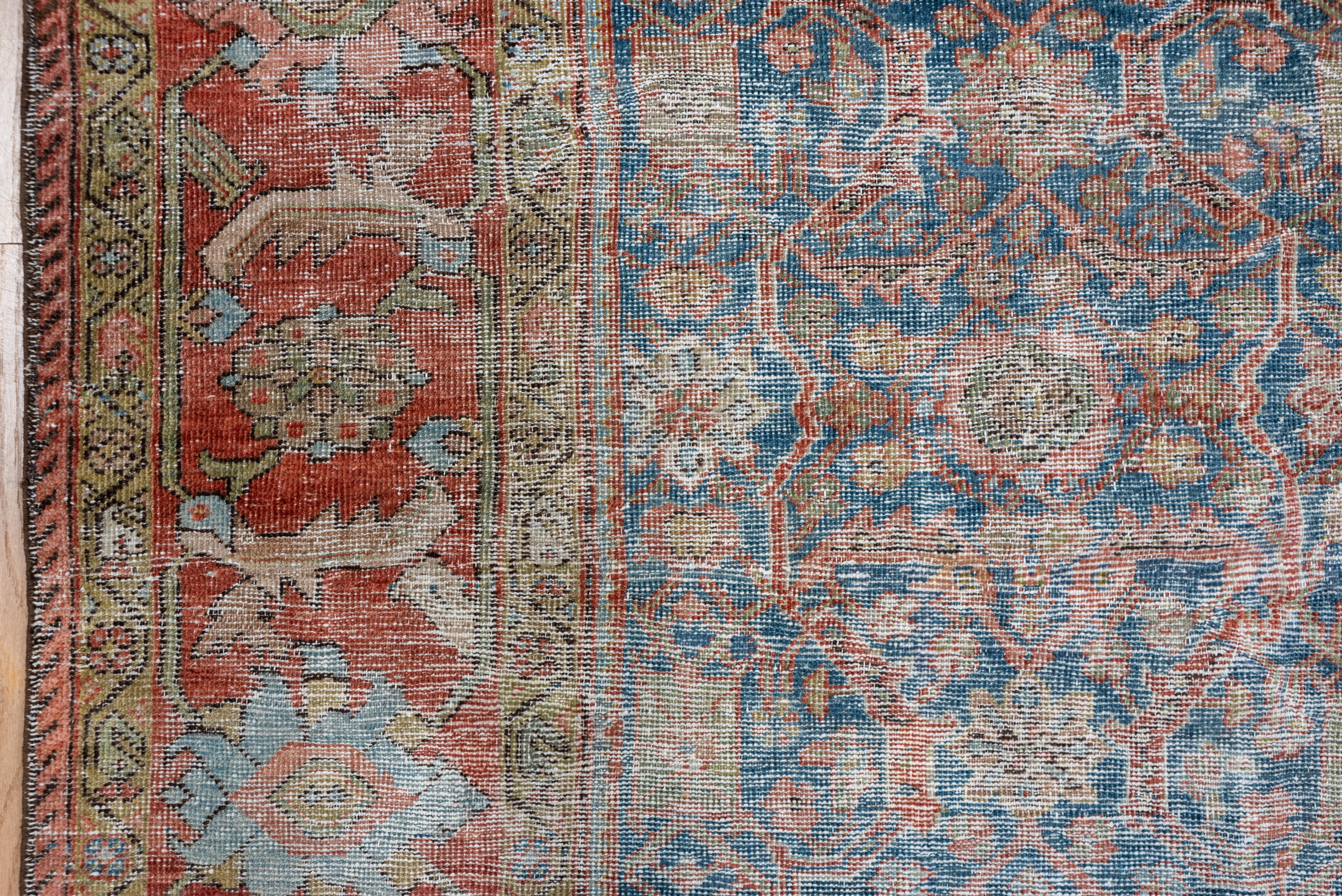 Wool Antique Distressed Persian Mahal Carpet, Blue Field, Gallery Size For Sale