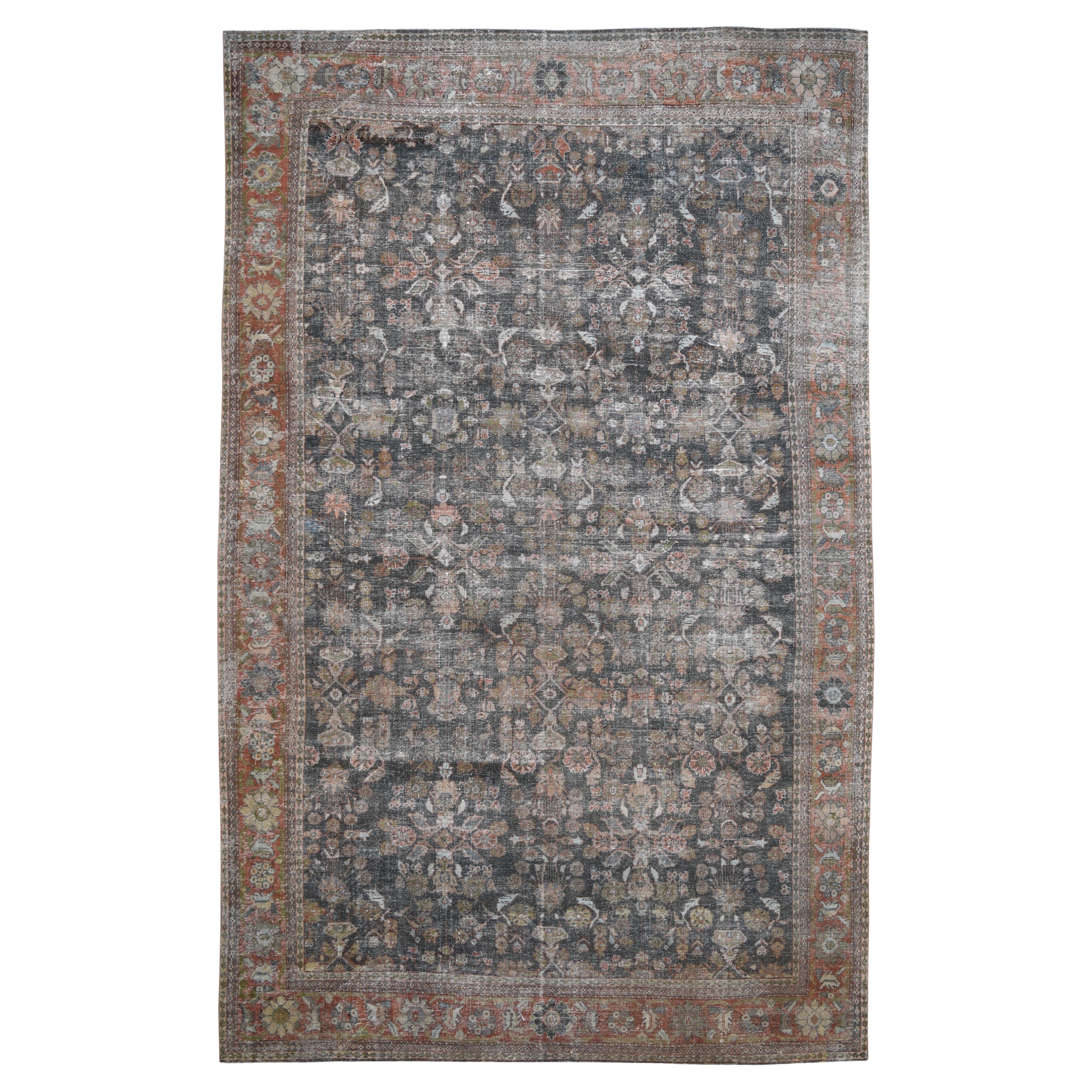 Antik Distressed Persian Mahal Faded Dark Brown-Green with Rose 11'4''x18' im Angebot