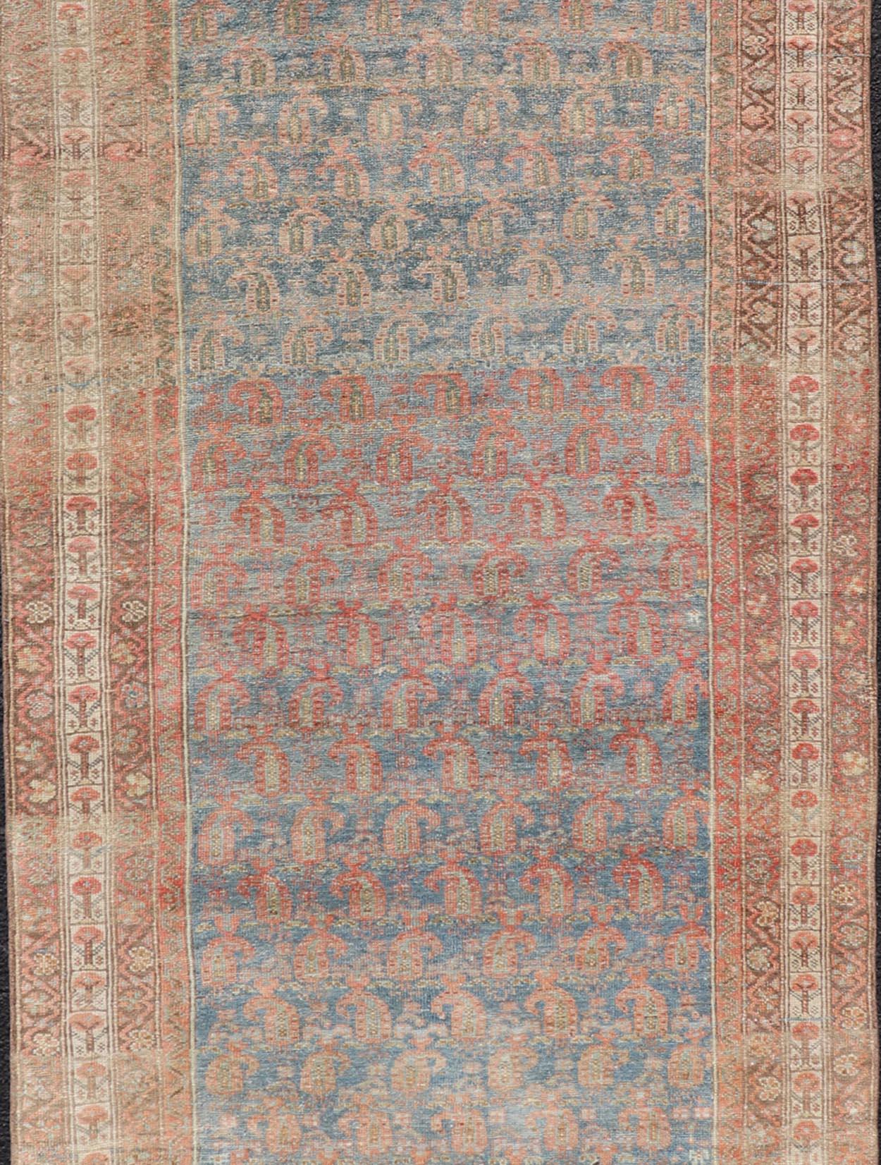Hand-Knotted Antique Distressed Persian Mahal Gallery Runner in Wool with All-Over Design For Sale