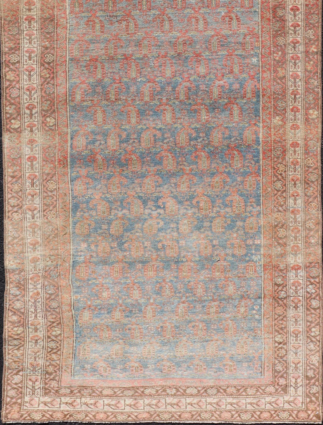 Antique Distressed Persian Mahal Gallery Runner in Wool with All-Over Design In Good Condition For Sale In Atlanta, GA