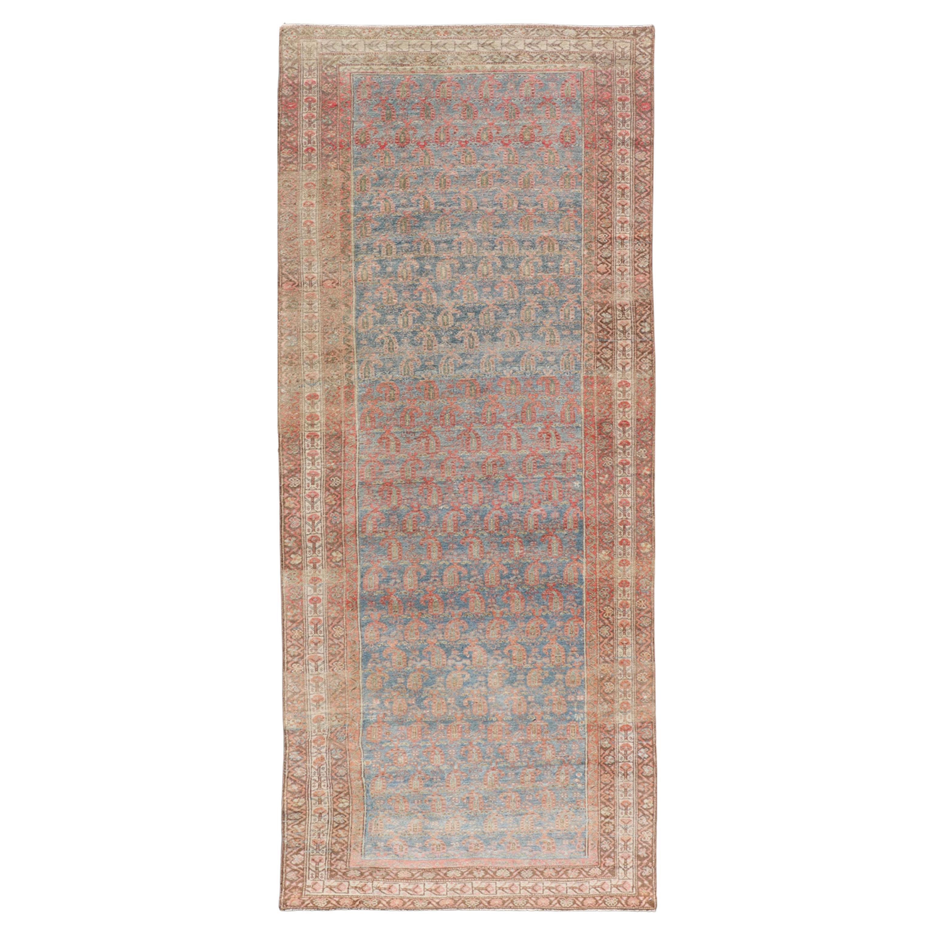 Antique Distressed Persian Mahal Gallery Runner in Wool with All-Over Design For Sale