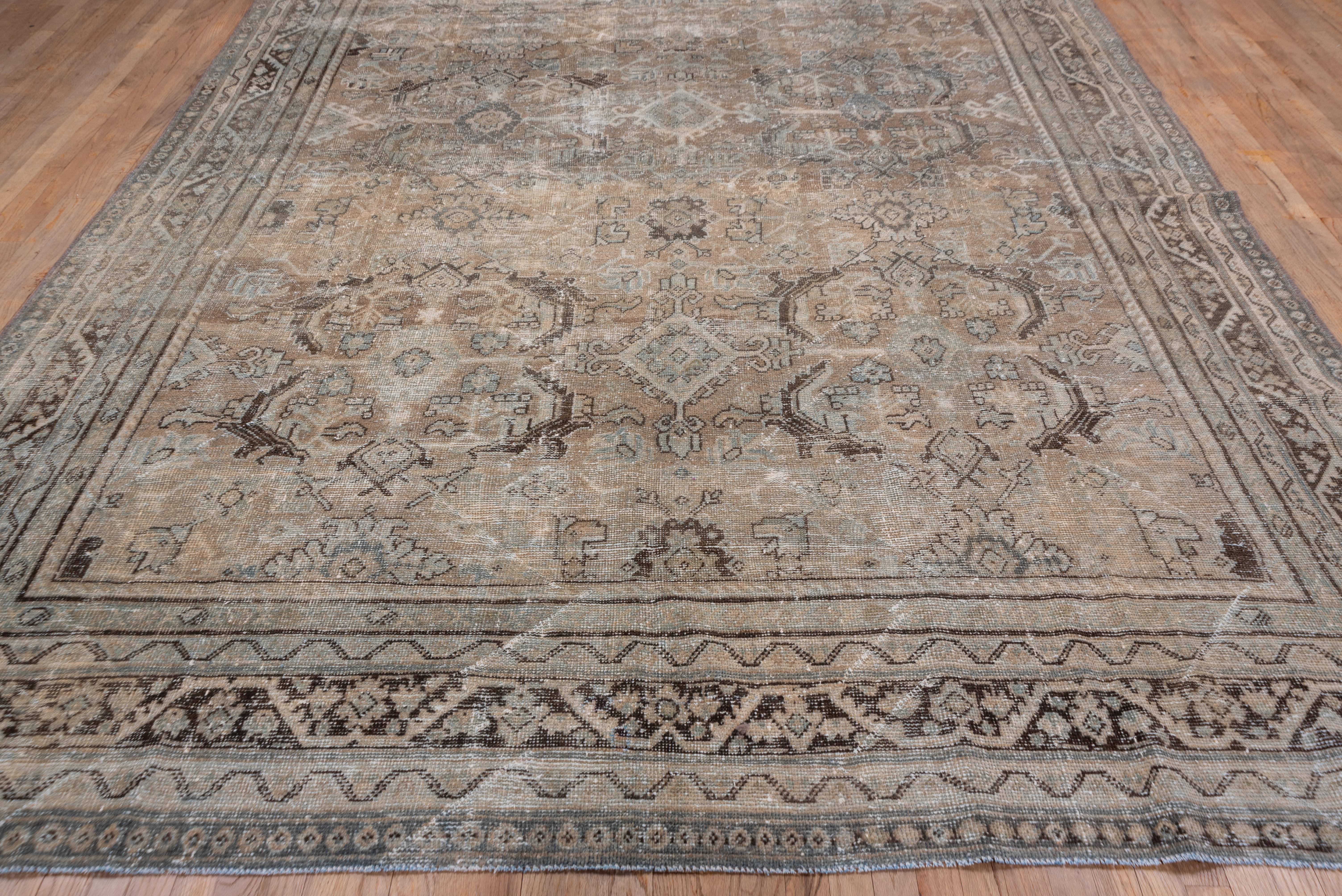 Tribal Antique Distressed Persian Mahal Rug, Neutral Palette, Green Accents