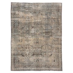 Antique Distressed Persian Mahal Rug, Neutral Palette, Green Accents