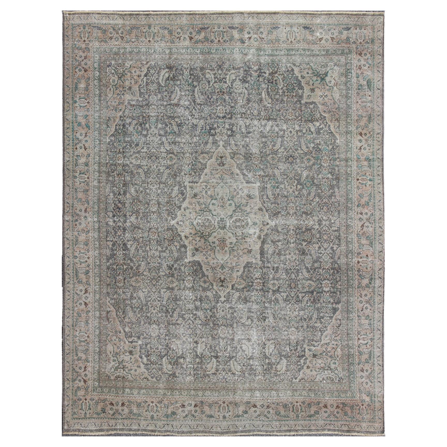 Antique Distressed Persian Mahal/Sultanabad Rug in Light Gray, Blush/Pink For Sale