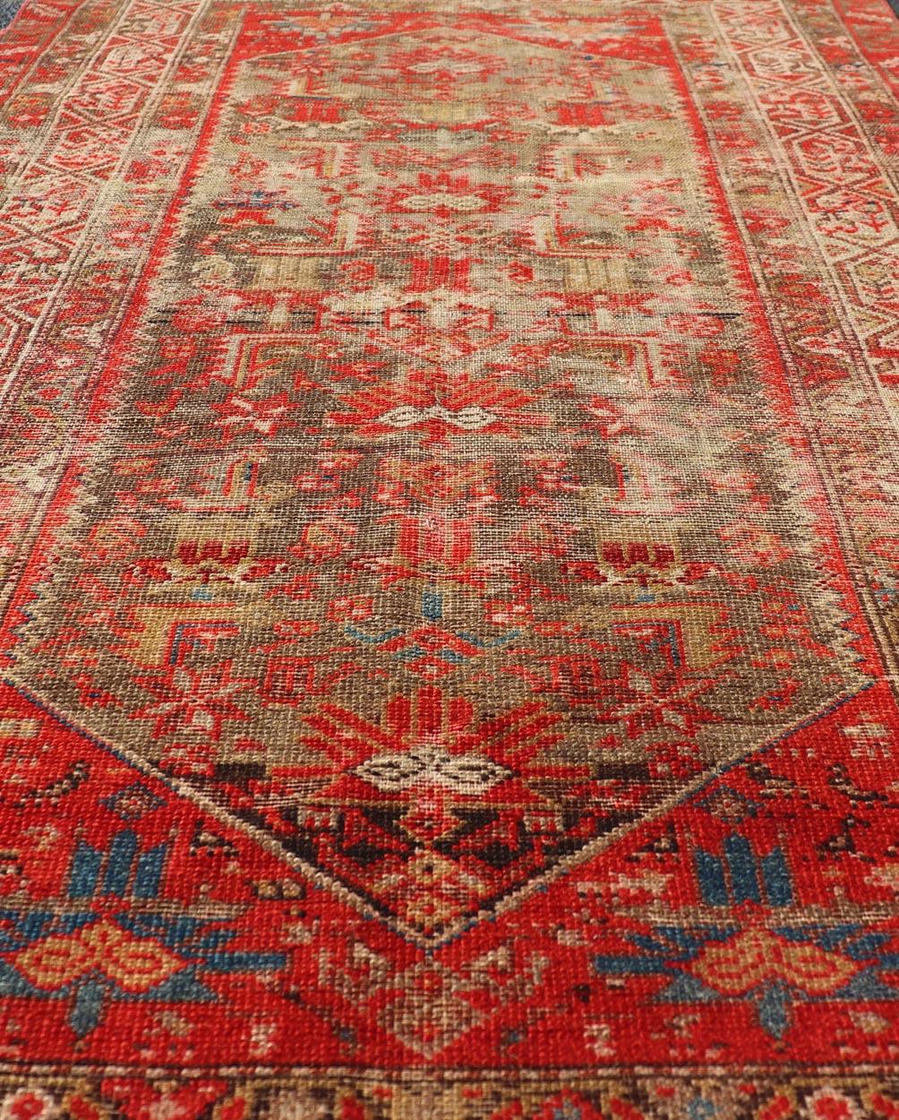 Hand-Knotted Antique Distressed Persian Malayer Rug by Keivan Woven Arts With Medallion   For Sale