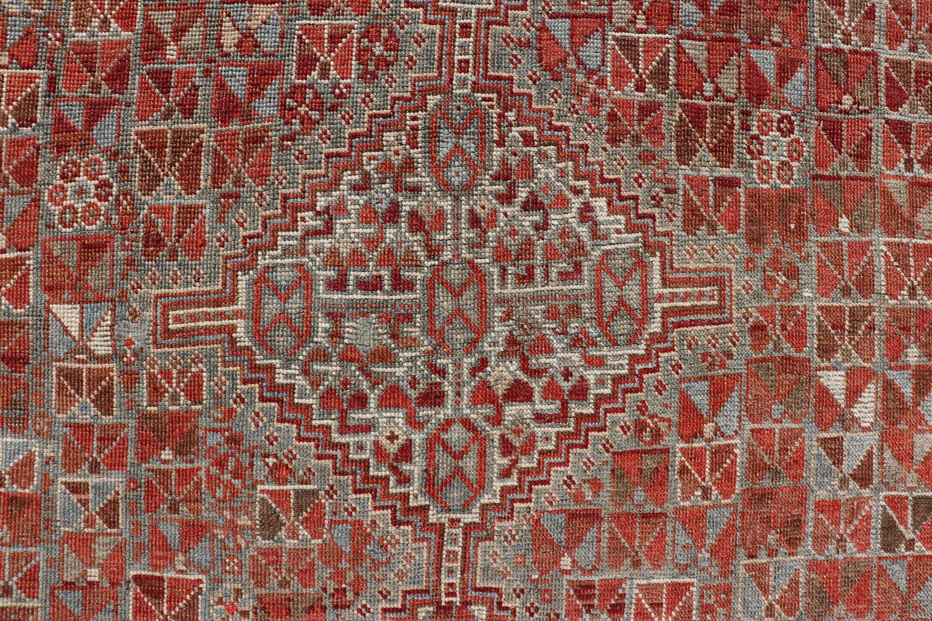 Antique Distressed Persian Medallion Shiraz Rug in Shades Rusty Red & Steel Blue For Sale 3