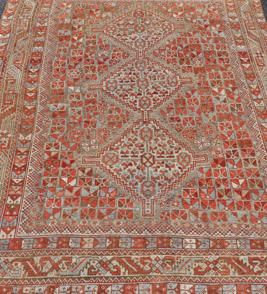Antique Distressed Persian Medallion Shiraz Rug in Shades Rusty Red & Steel Blue For Sale 1