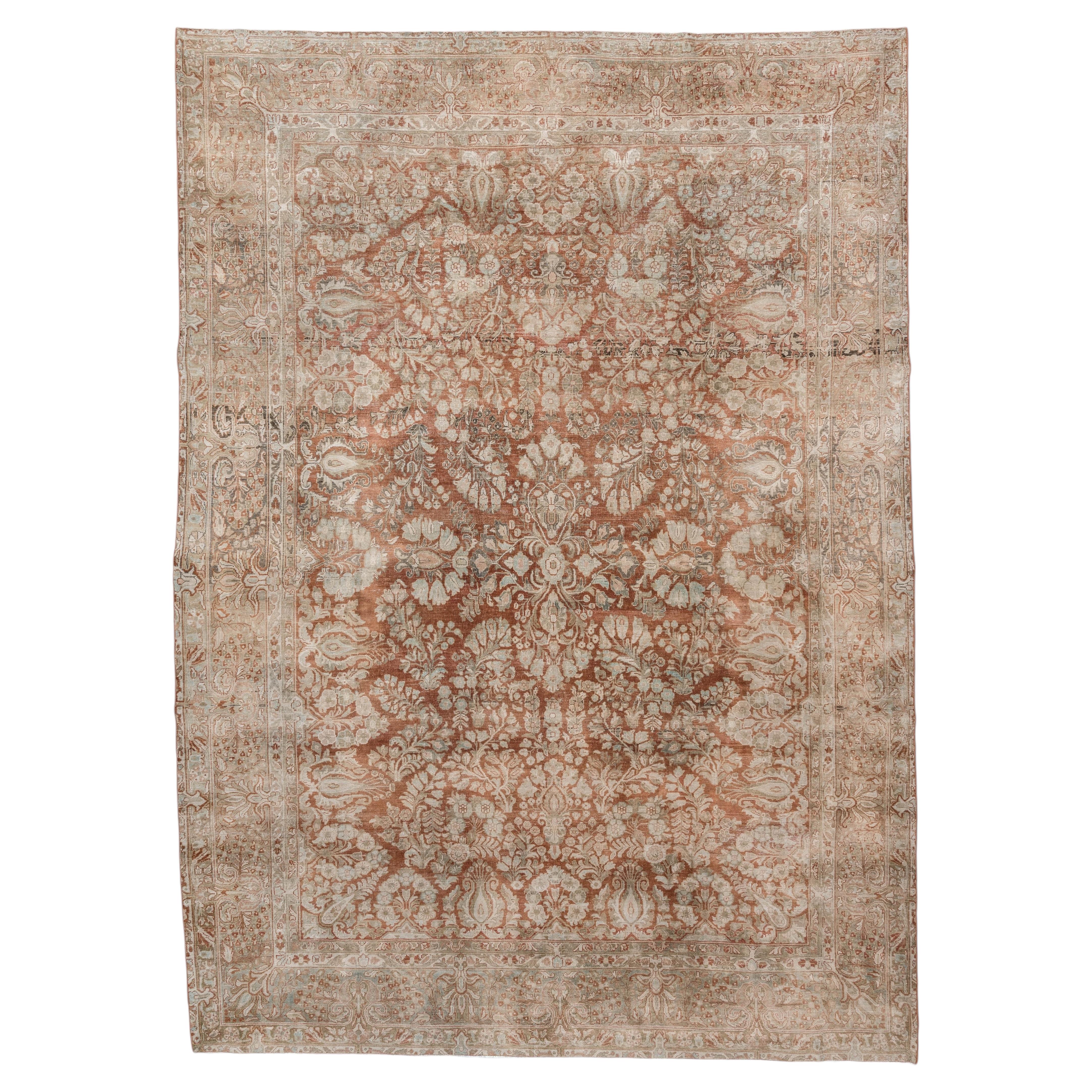 Antique Distressed Persian Sarouk Rug in Rust and Taupe, circa 1920s