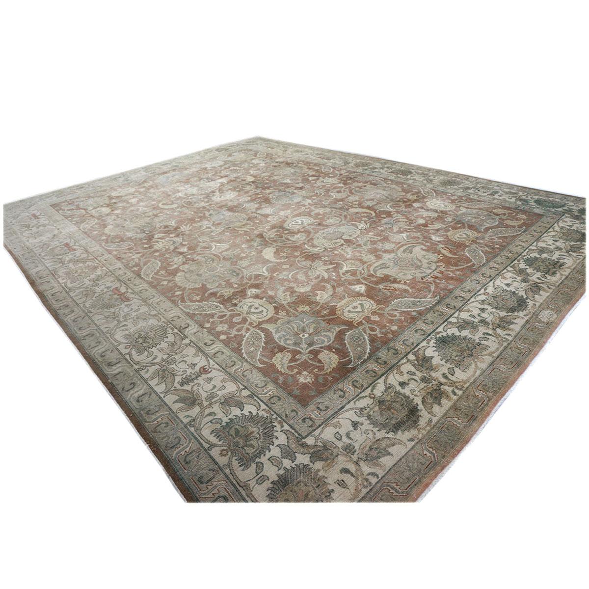 Early 20th Century Antique Distressed Persian Tabriz 10x14 Brown, Green, & Ivory Handmade Area Rug For Sale