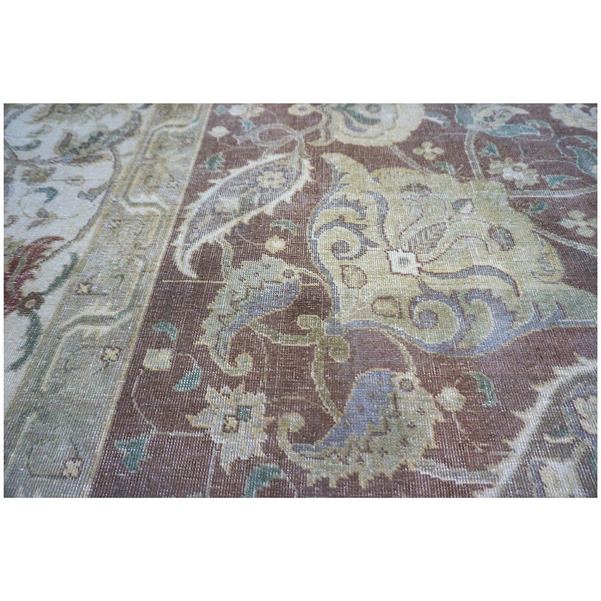 Wool Antique Distressed Persian Tabriz 10x14 Brown, Green, & Ivory Handmade Area Rug For Sale