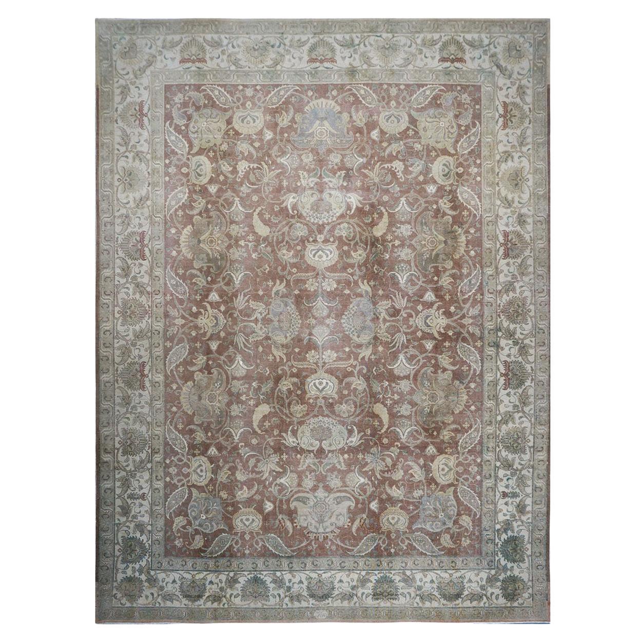 Antique Distressed Persian Tabriz 10x14 Brown, Green, & Ivory Handmade Area Rug For Sale