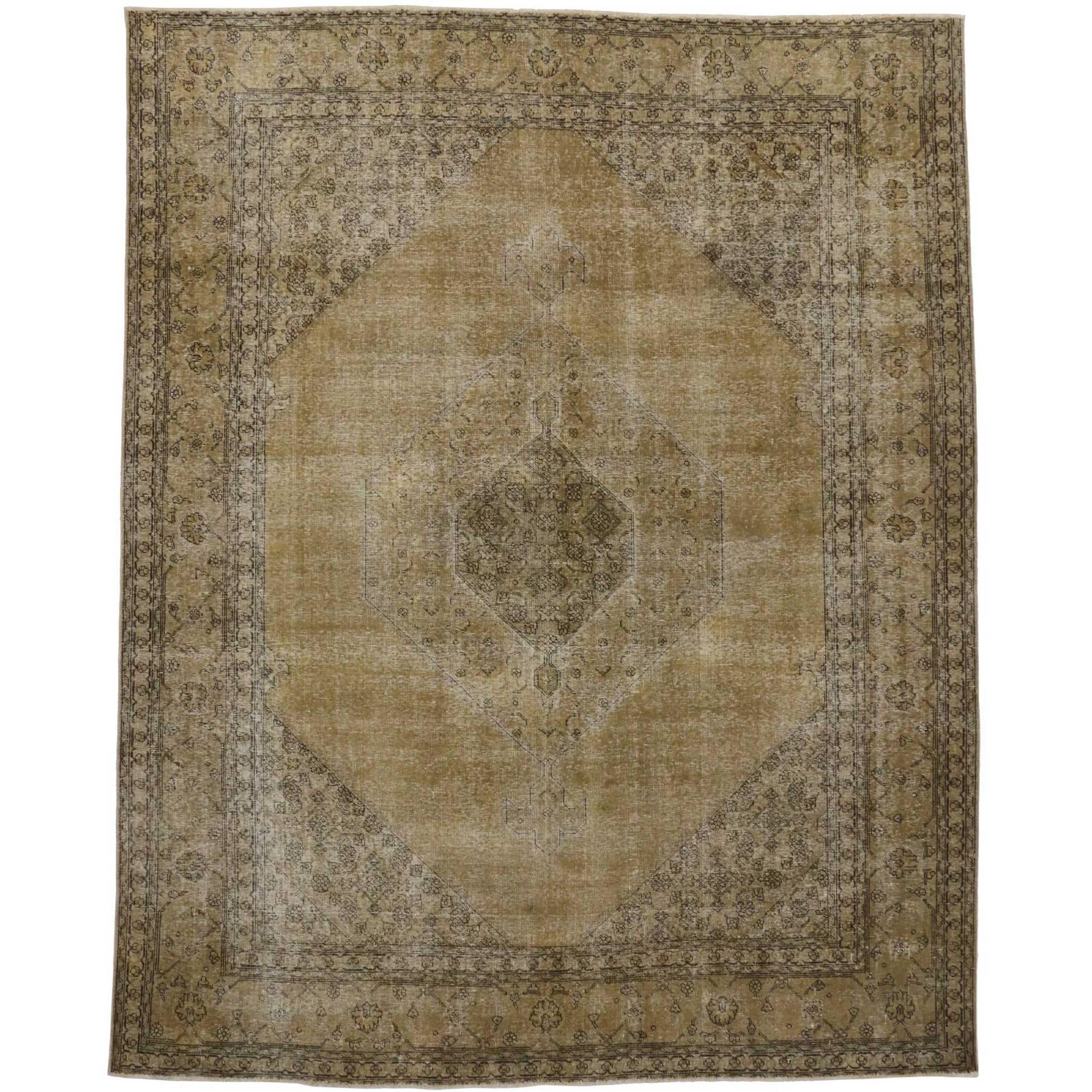 Antique Distressed Persian Tabriz Area Rug with Modern Industrial Style For Sale