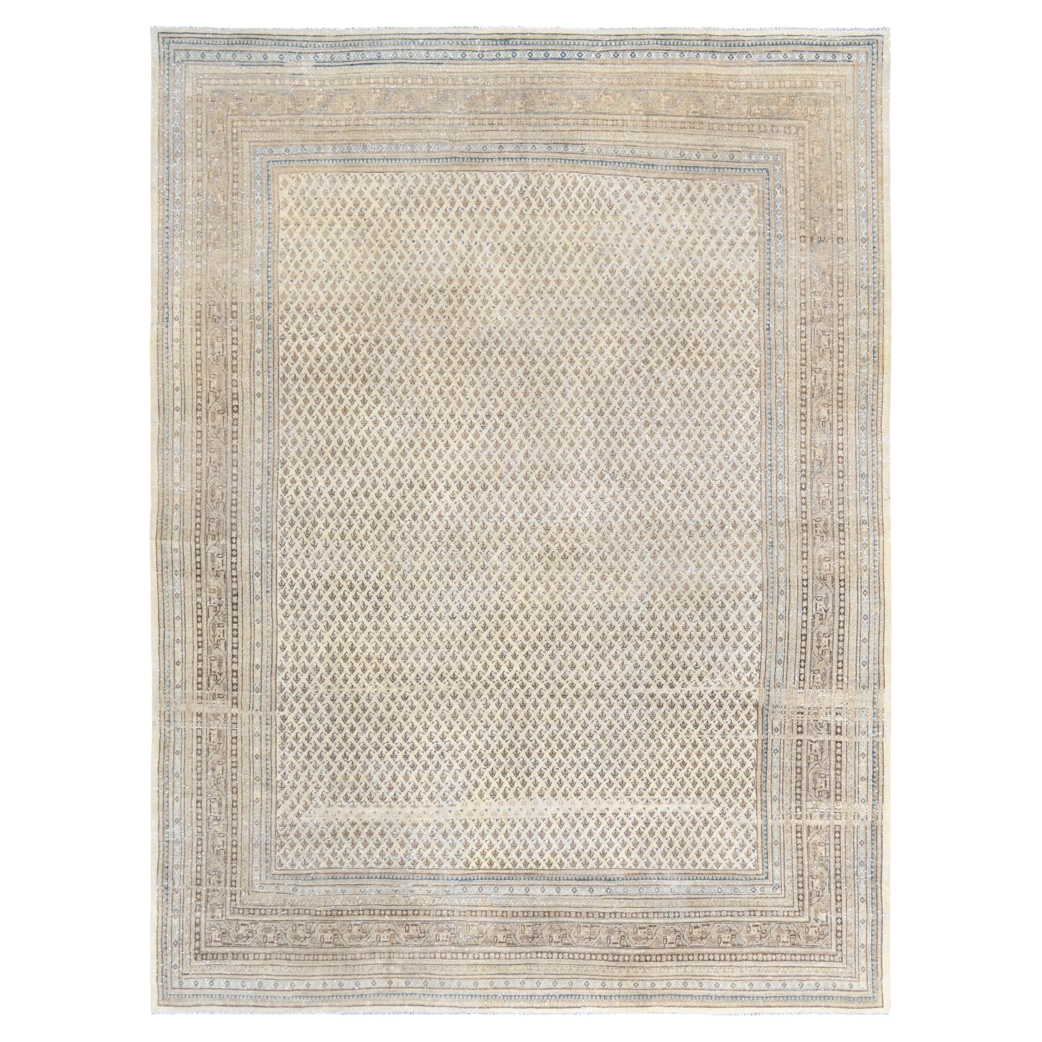 Antique Distressed Persian Tabriz Neutral with Blue Wool Rug  9'x11'9''