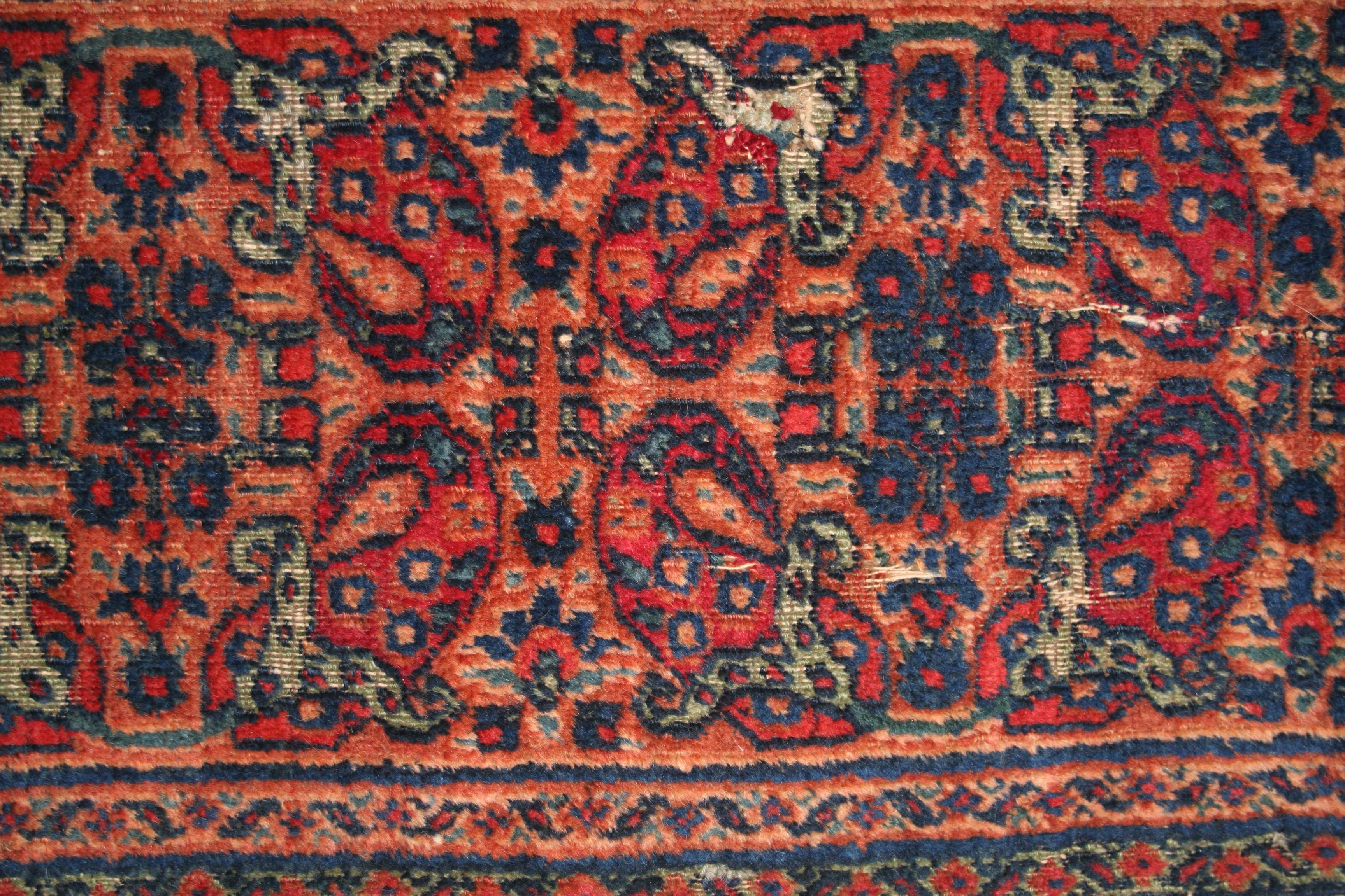 Khorassan Antique Distressed Qajar Period Gallery Size Carpet with Kashmir Shawl Pattern For Sale