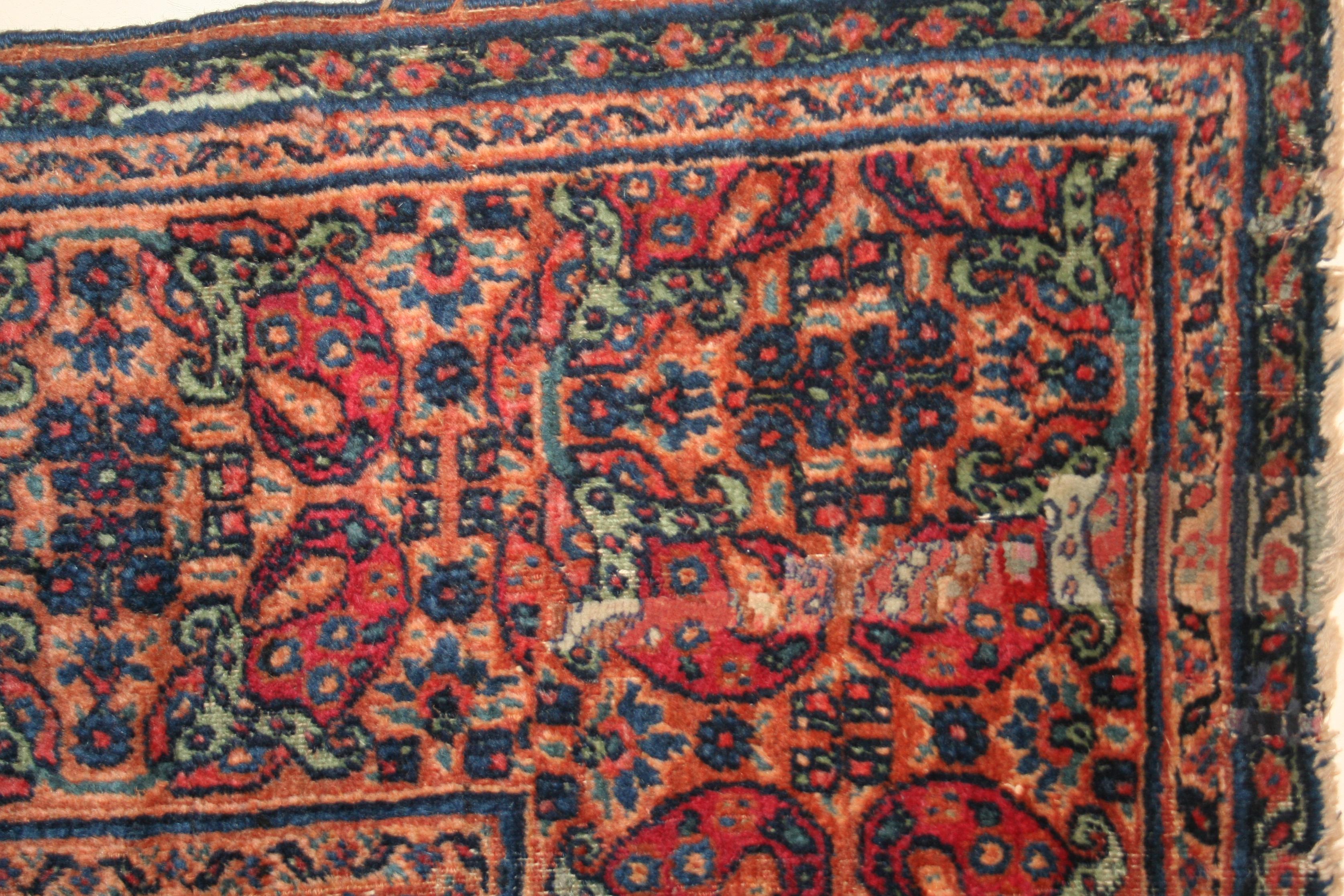 Hand-Knotted Antique Distressed Qajar Period Gallery Size Carpet with Kashmir Shawl Pattern For Sale