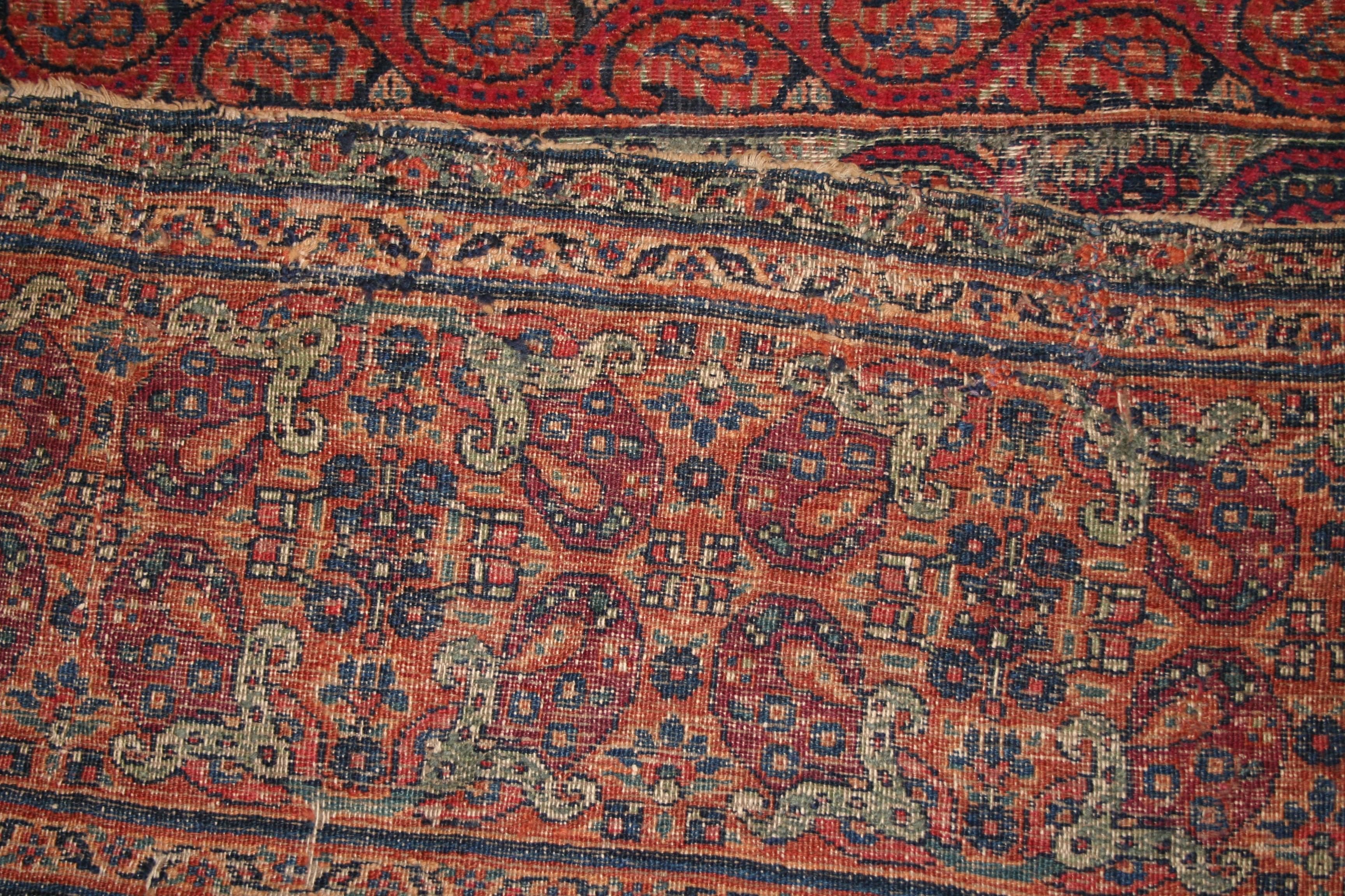 19th Century Antique Distressed Qajar Period Gallery Size Carpet with Kashmir Shawl Pattern For Sale