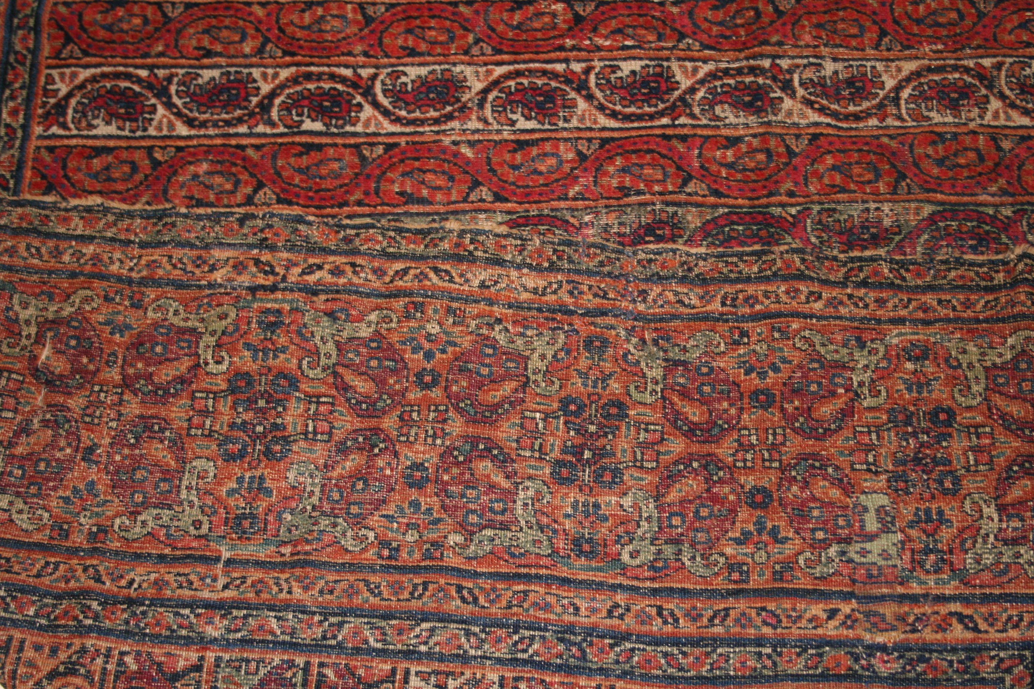 Wool Antique Distressed Qajar Period Gallery Size Carpet with Kashmir Shawl Pattern For Sale
