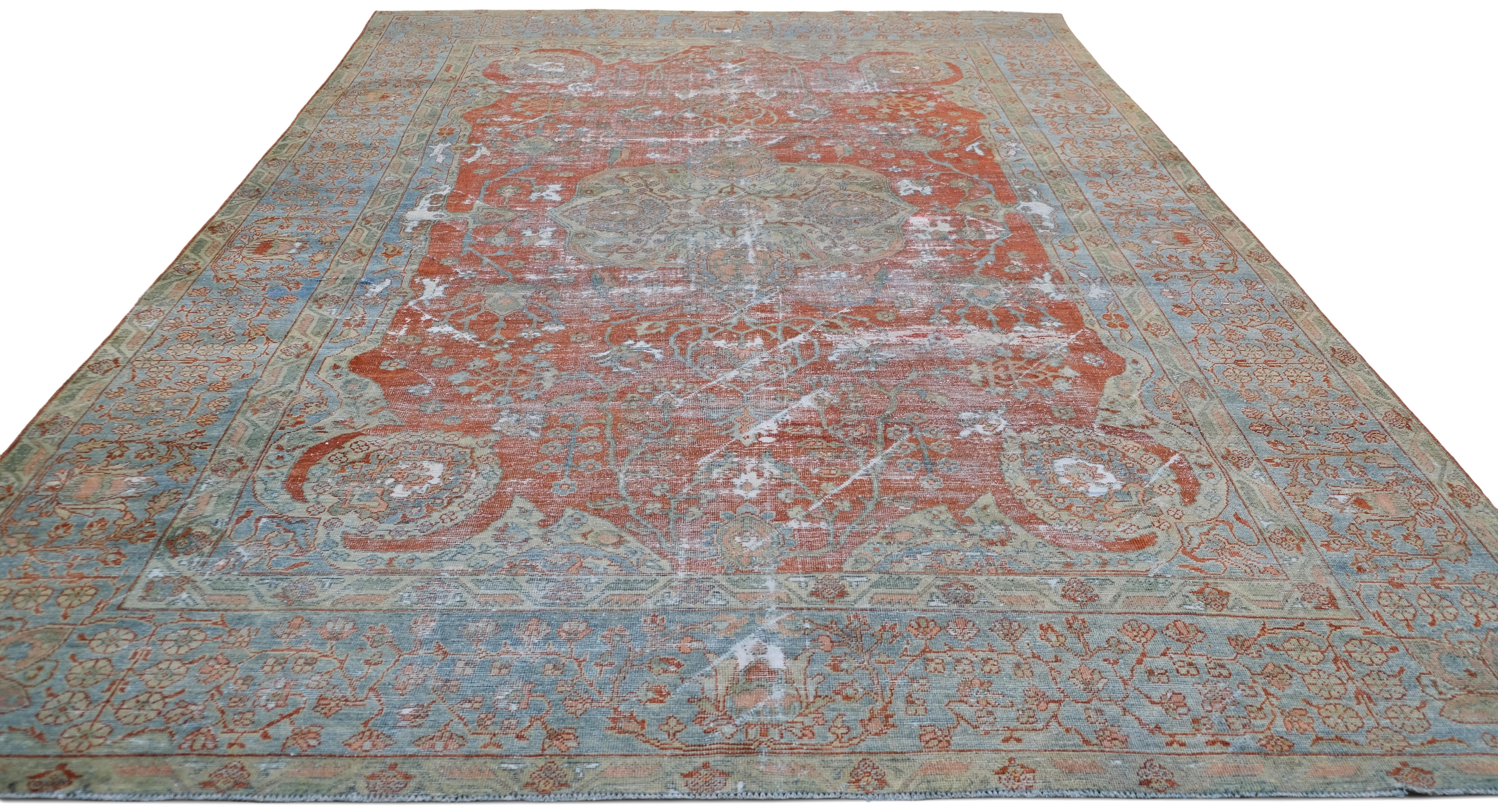 Antiker roter und blauer Mahal-Wollteppich im Used-Look 8'9''x12'6'' (Malayer) im Angebot