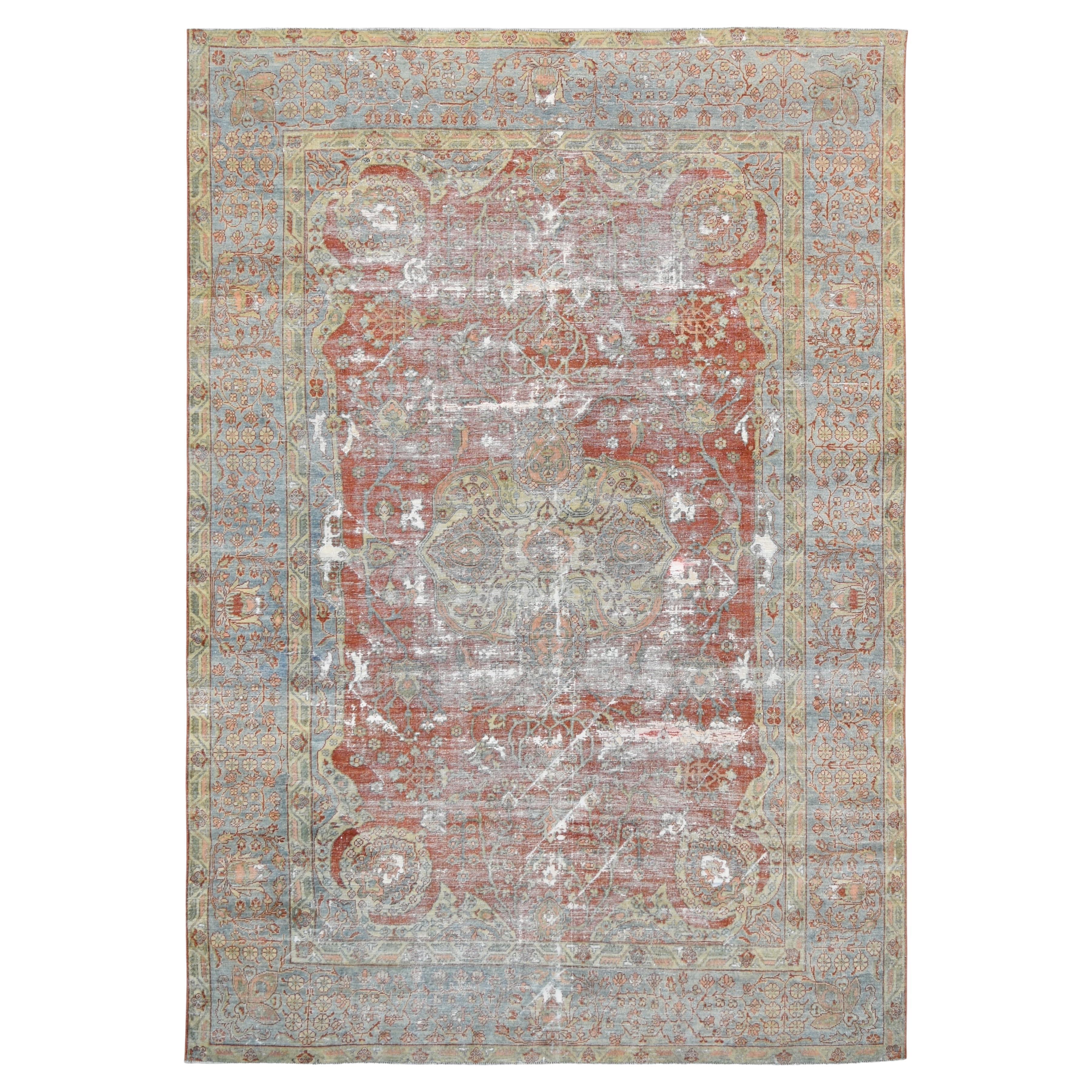 Antique Distressed Red and Blue Mahal Wool Rug 8'9''x12'6''