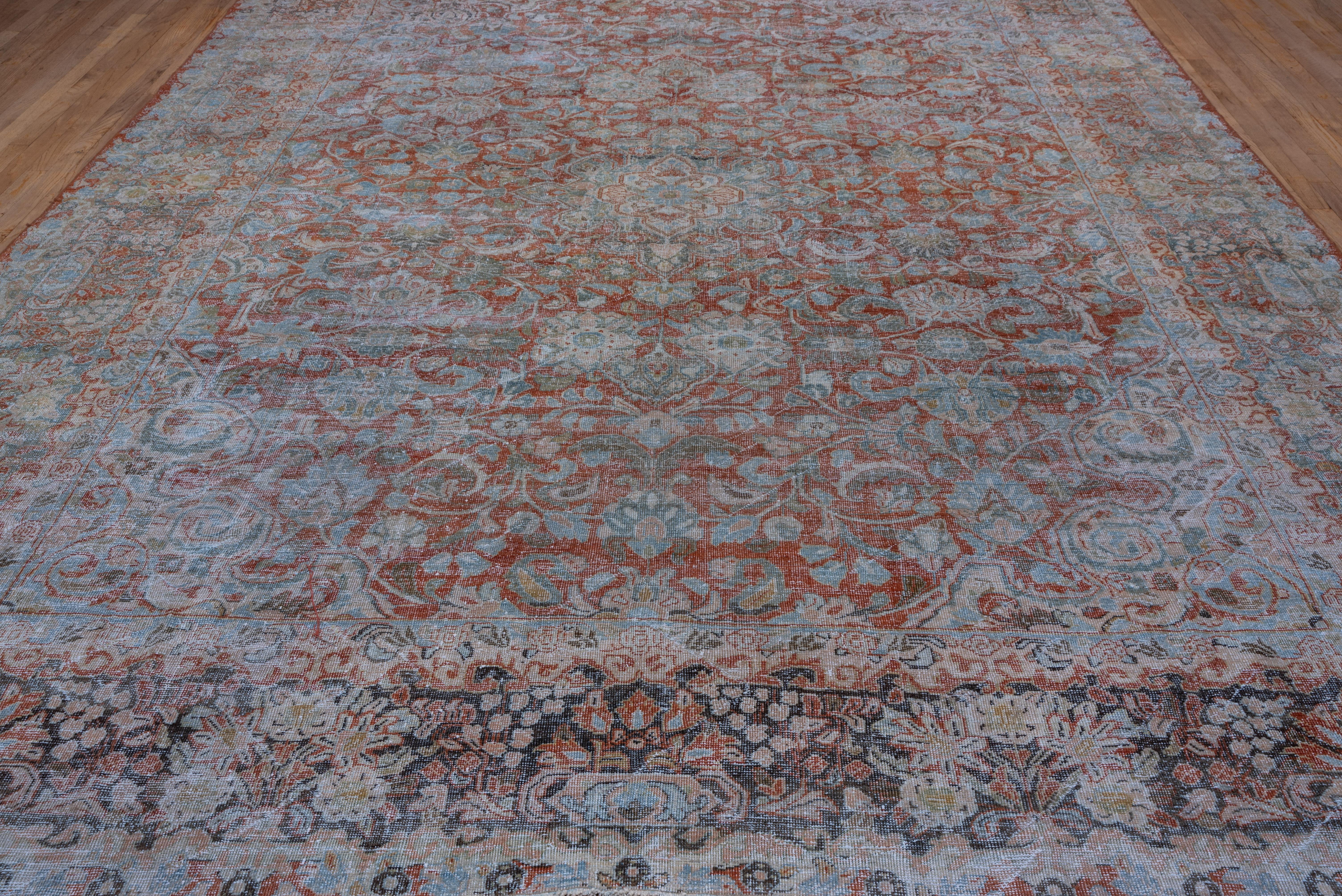 Rustic Antique Distressed Red Persian Mahal Carpet, All-Over Field, Blue Accents For Sale