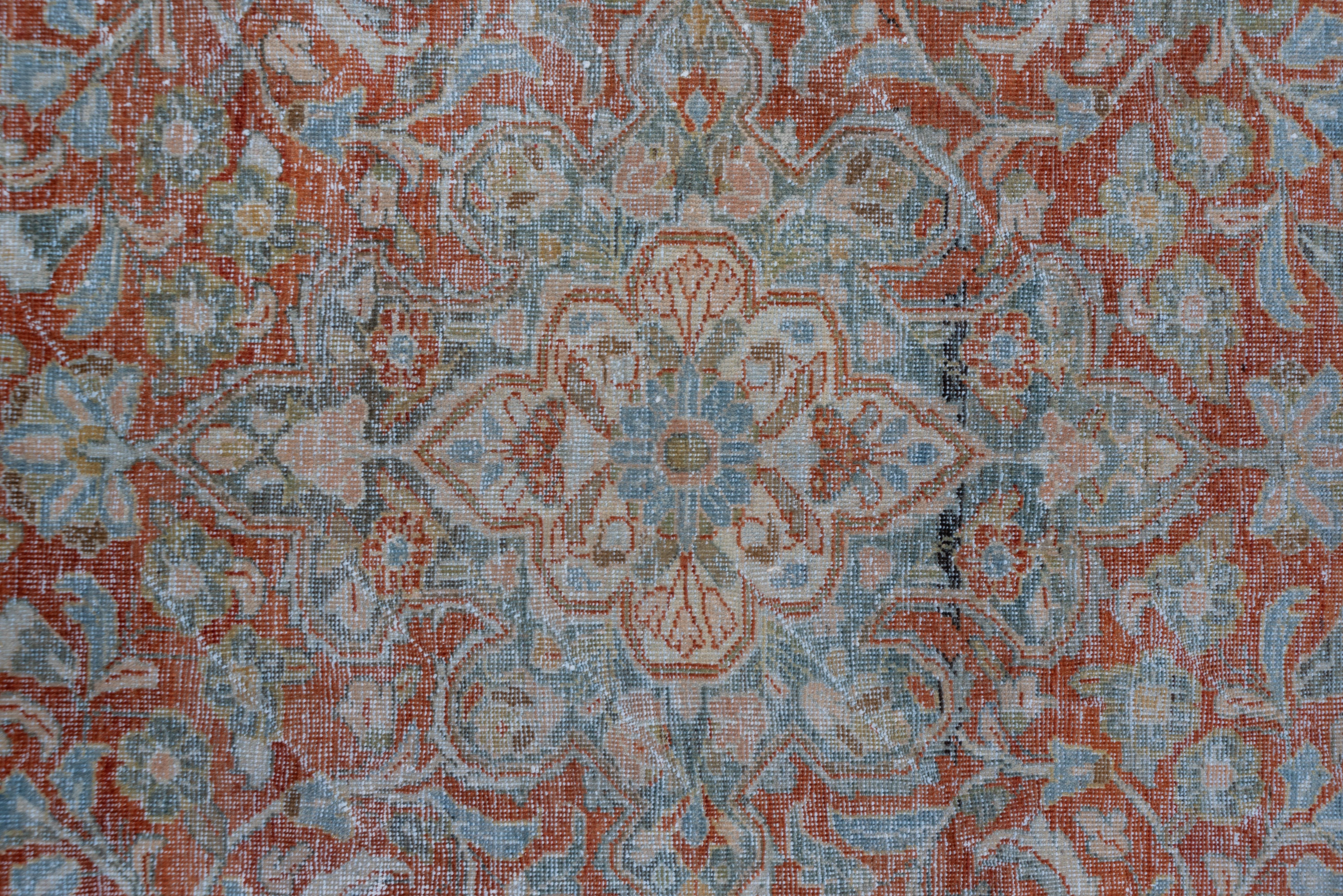 Hand-Knotted Antique Distressed Red Persian Mahal Carpet, All-Over Field, Blue Accents For Sale
