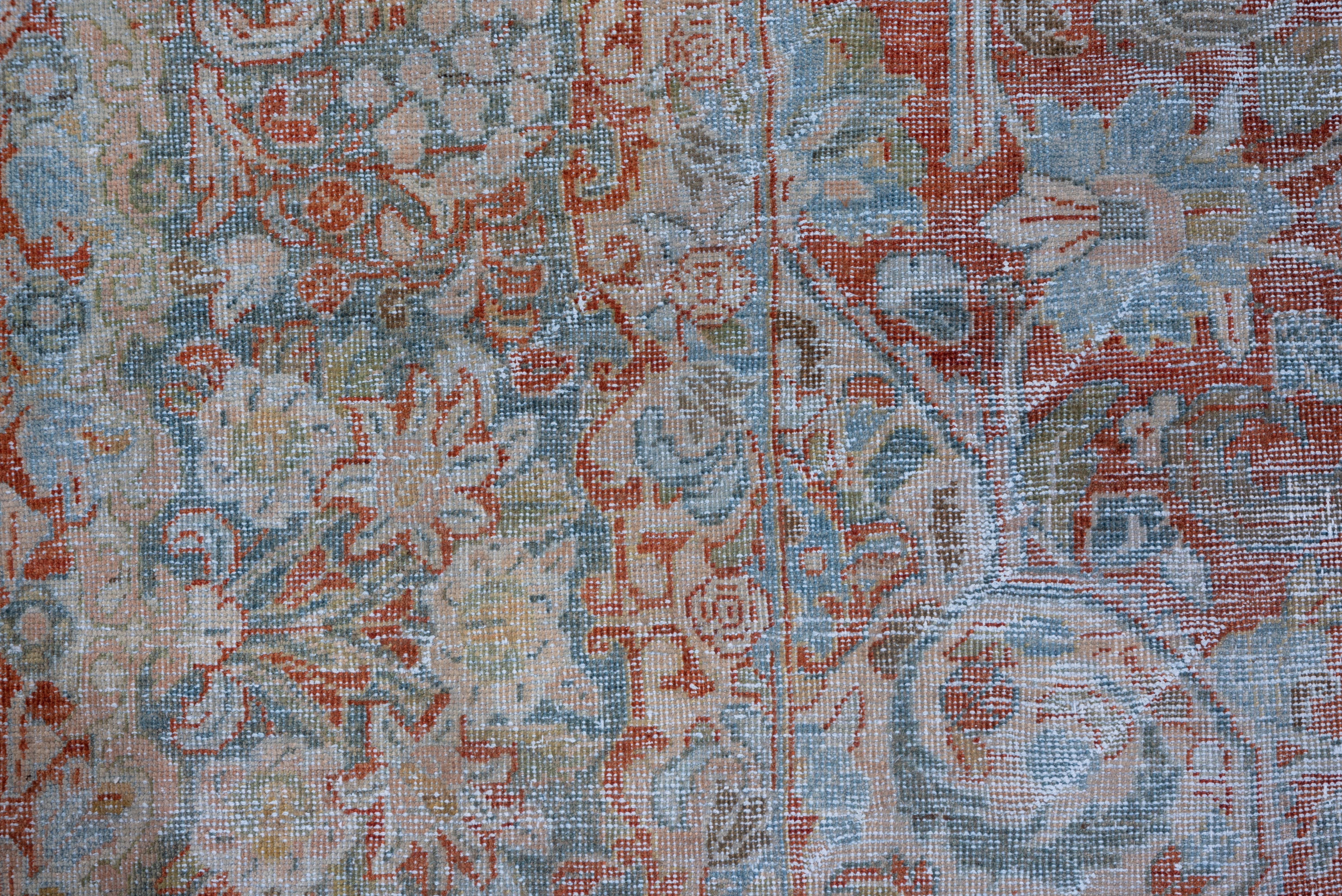 Early 20th Century Antique Distressed Red Persian Mahal Carpet, All-Over Field, Blue Accents For Sale