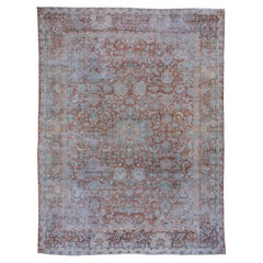 Antique Distressed Red Persian Mahal Carpet, All-Over Field, Blue Accents