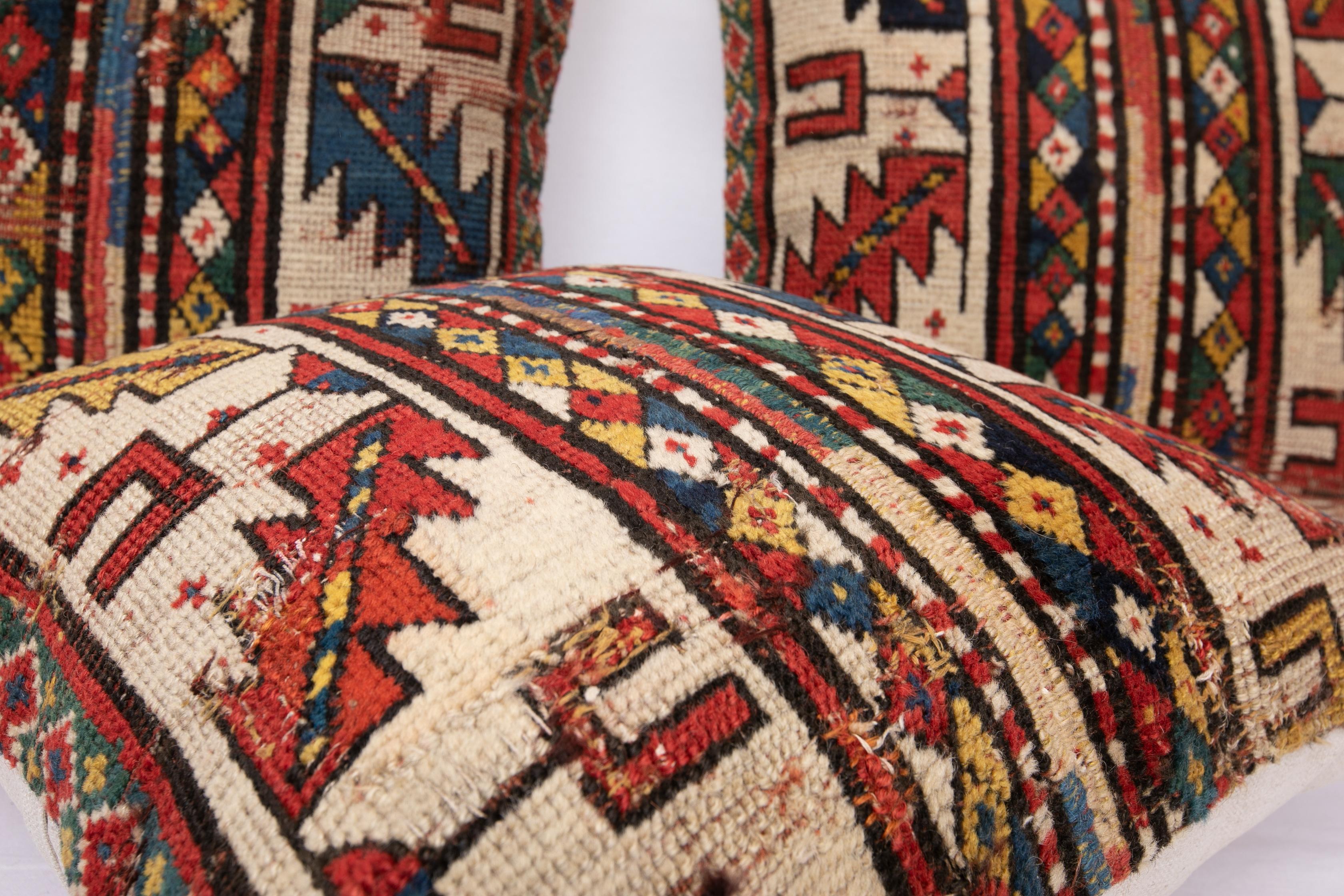 Hand-Woven Antique Distressed Rug Pillow Covers Made from a 19th C Caucasian Rug a Set of 3 For Sale