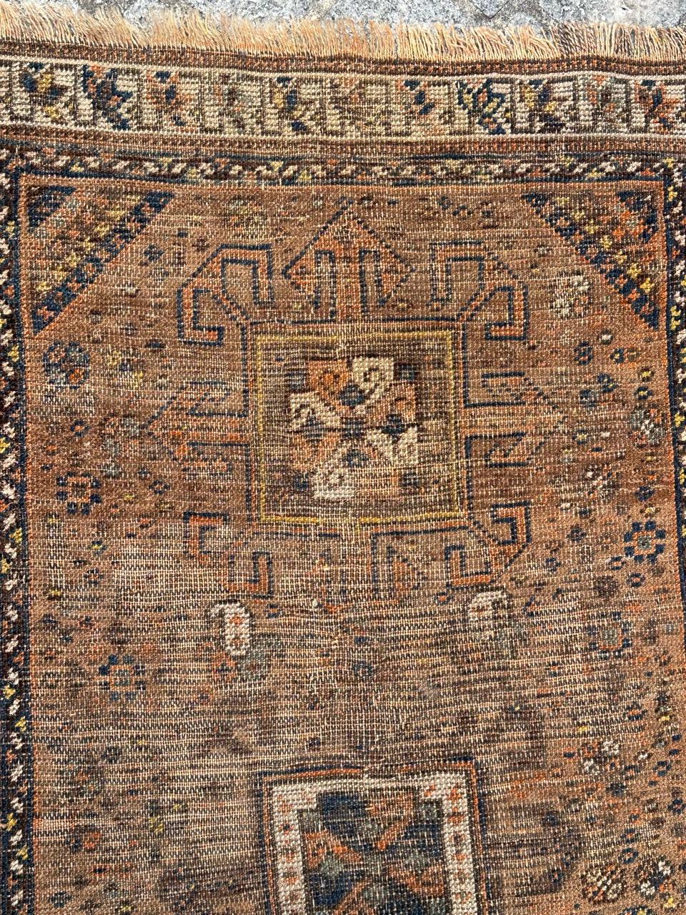 Hand-Knotted Antique distressed Shiraz rug For Sale