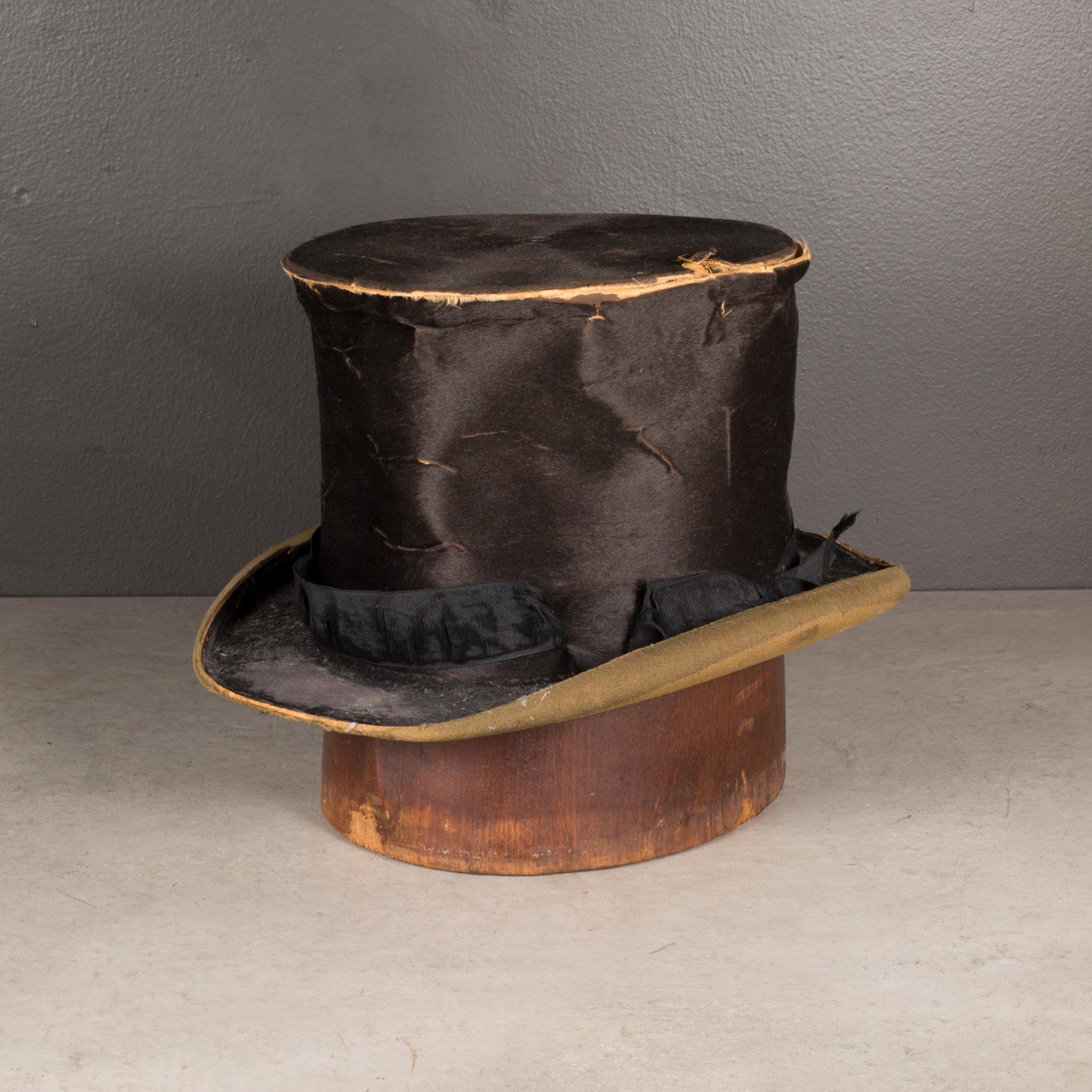 ABOUT

An original distressed top hat. Hat block not included.

    CREATOR Gerritt A. Archibald Co., Indianapolis.
    DATE OF MANUFACTURE c.1880-1920
    MATERIALS AND TECHNIQUES Silk.
    CONDITION Distressed. Wear consistent with age and use.