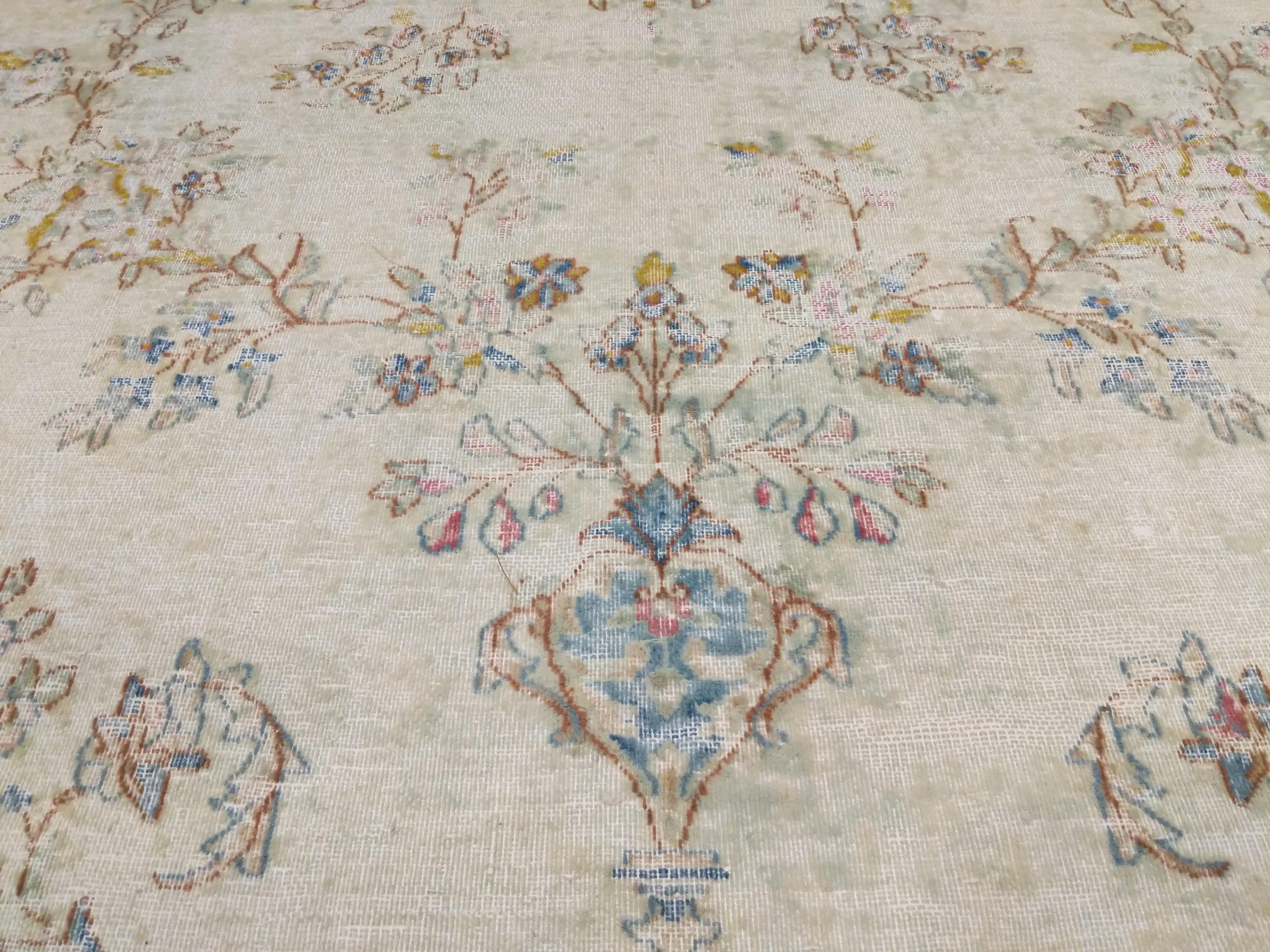 Antique Distressed Soft Coloured Botanical Design Decorative Carpet For Sale 4